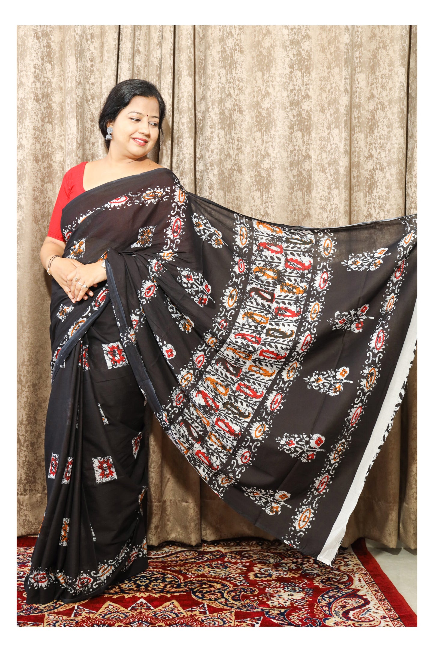 Batik Print Black Mulmul Cotton Saree