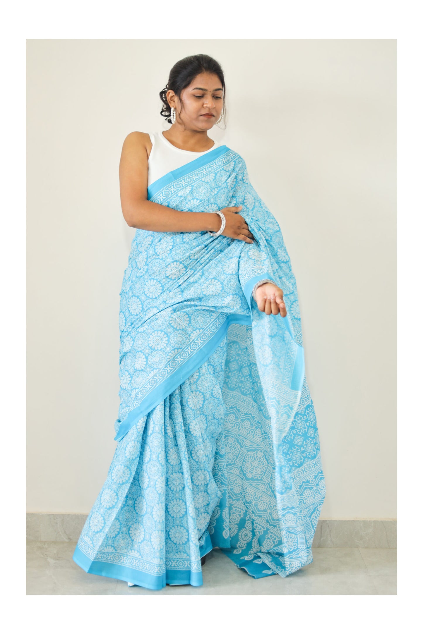 Sky Blue Mulmul Cotton Saree