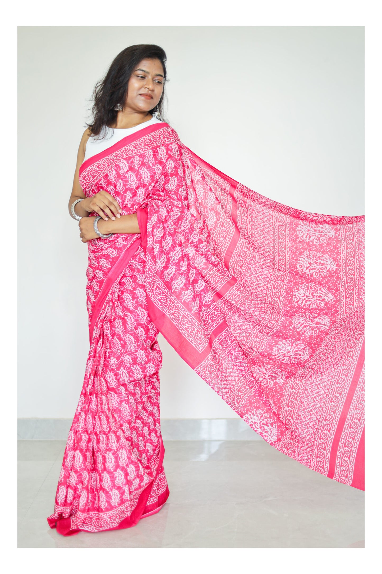 Bagru Print Pink Mulmul Cotton Saree