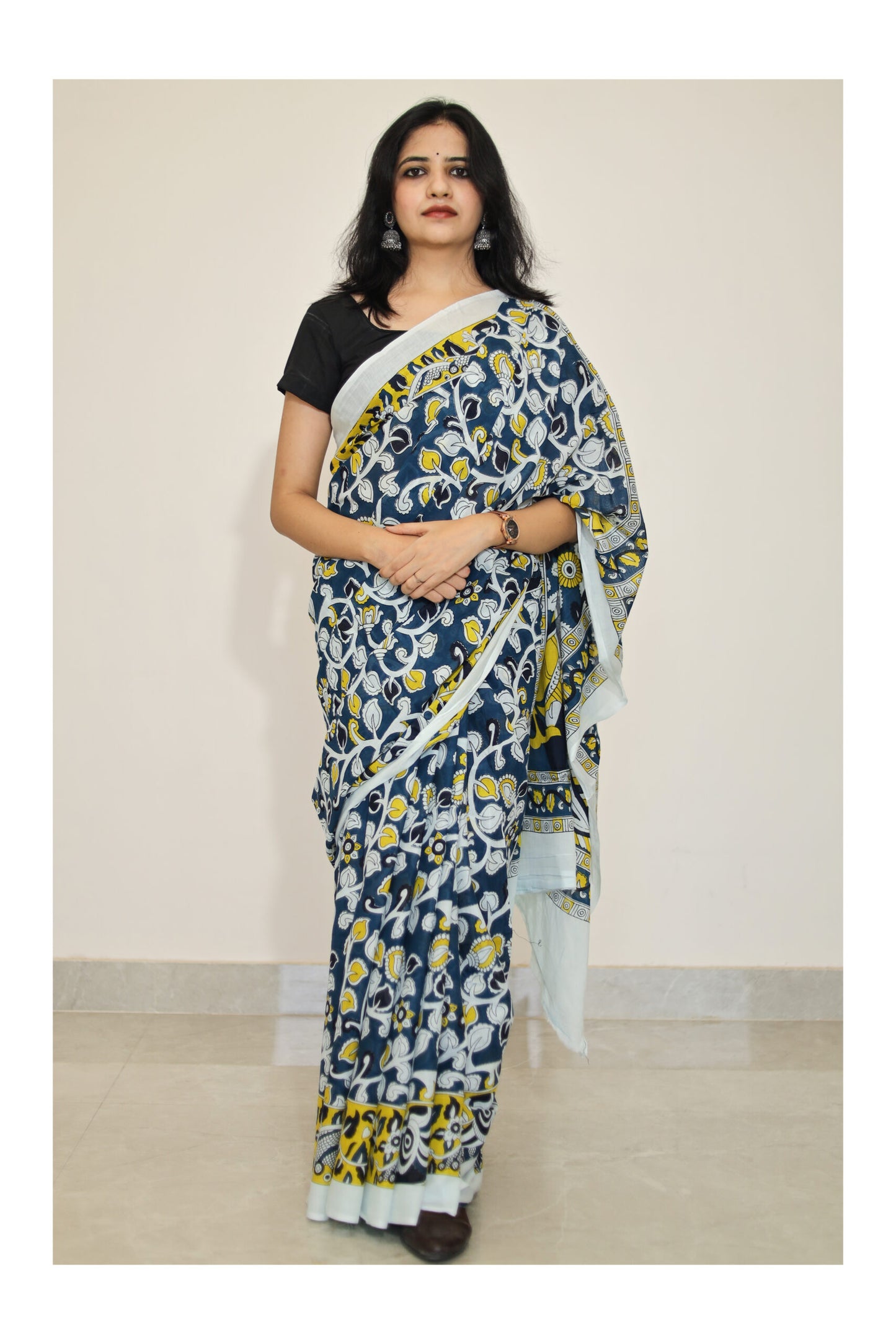 Bagru Print Teal Blue Mulmul Cotton Saree