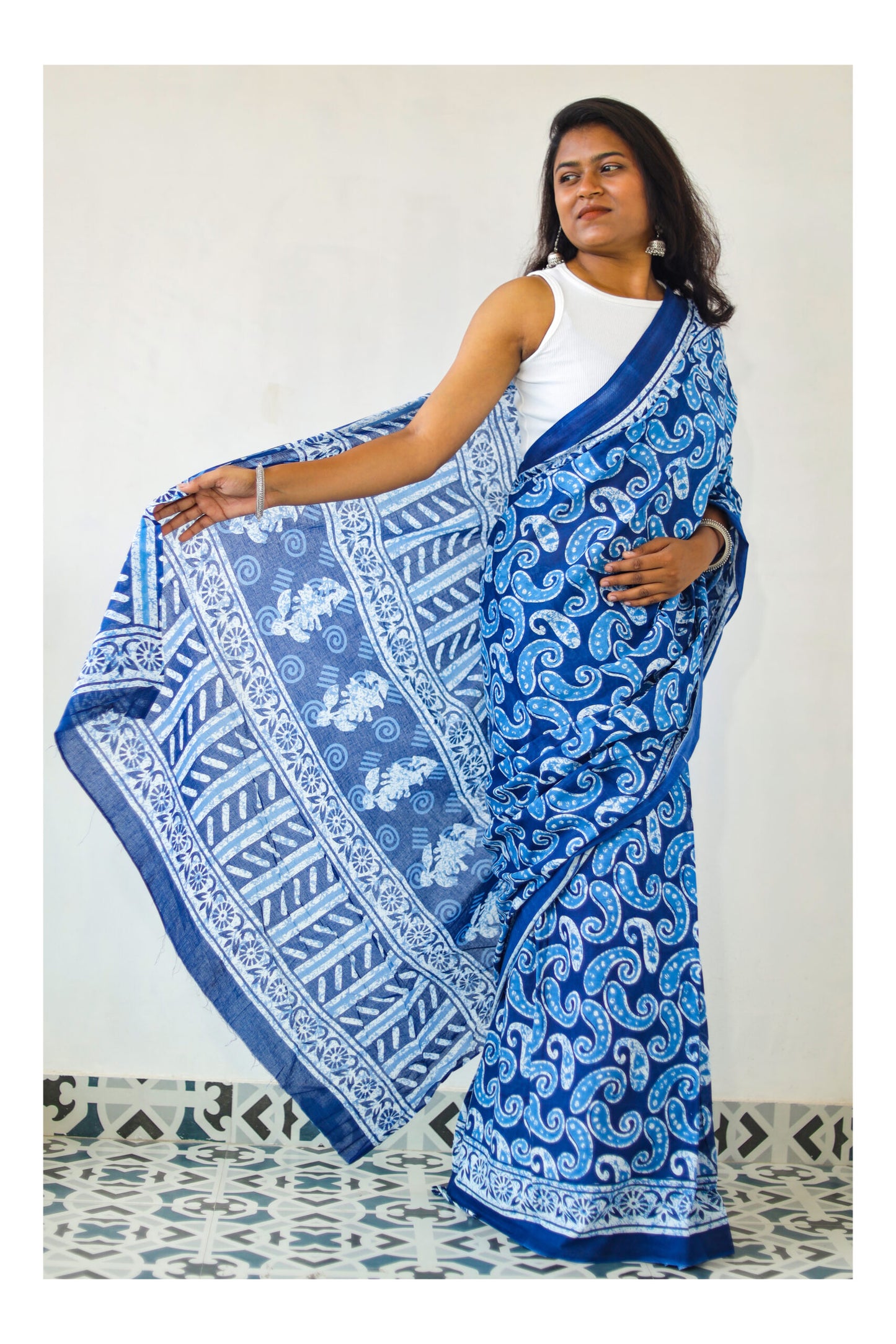 Blue Mulmul Cotton Saree