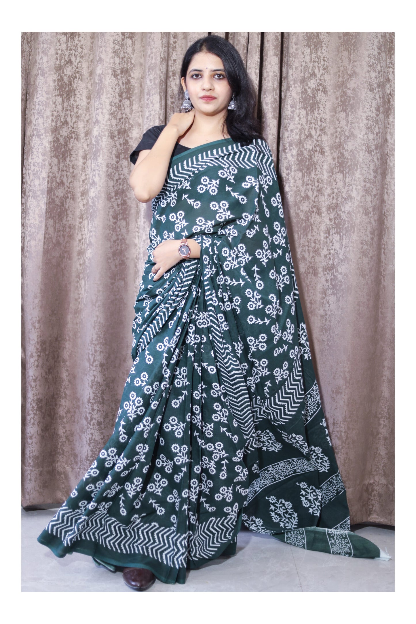 Bagru Print Green Mulmul Cotton Saree