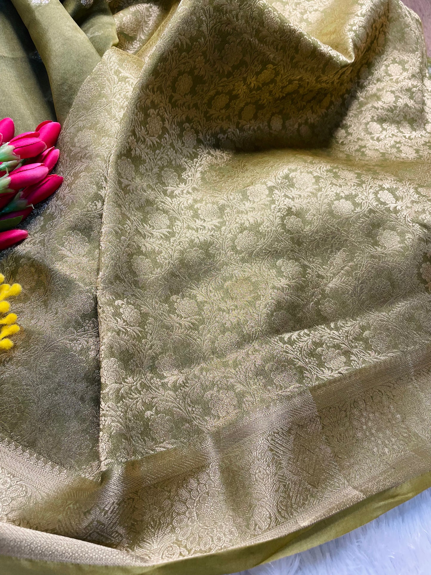 Olive Organza Saree With Zari and Stone Work