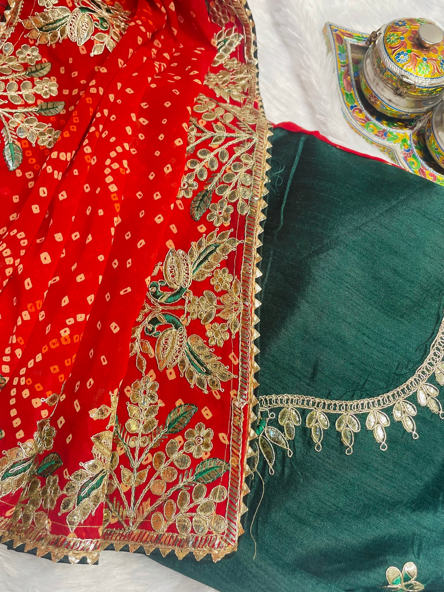 Red Bandhani Georgette Saree with Garden Zari Work