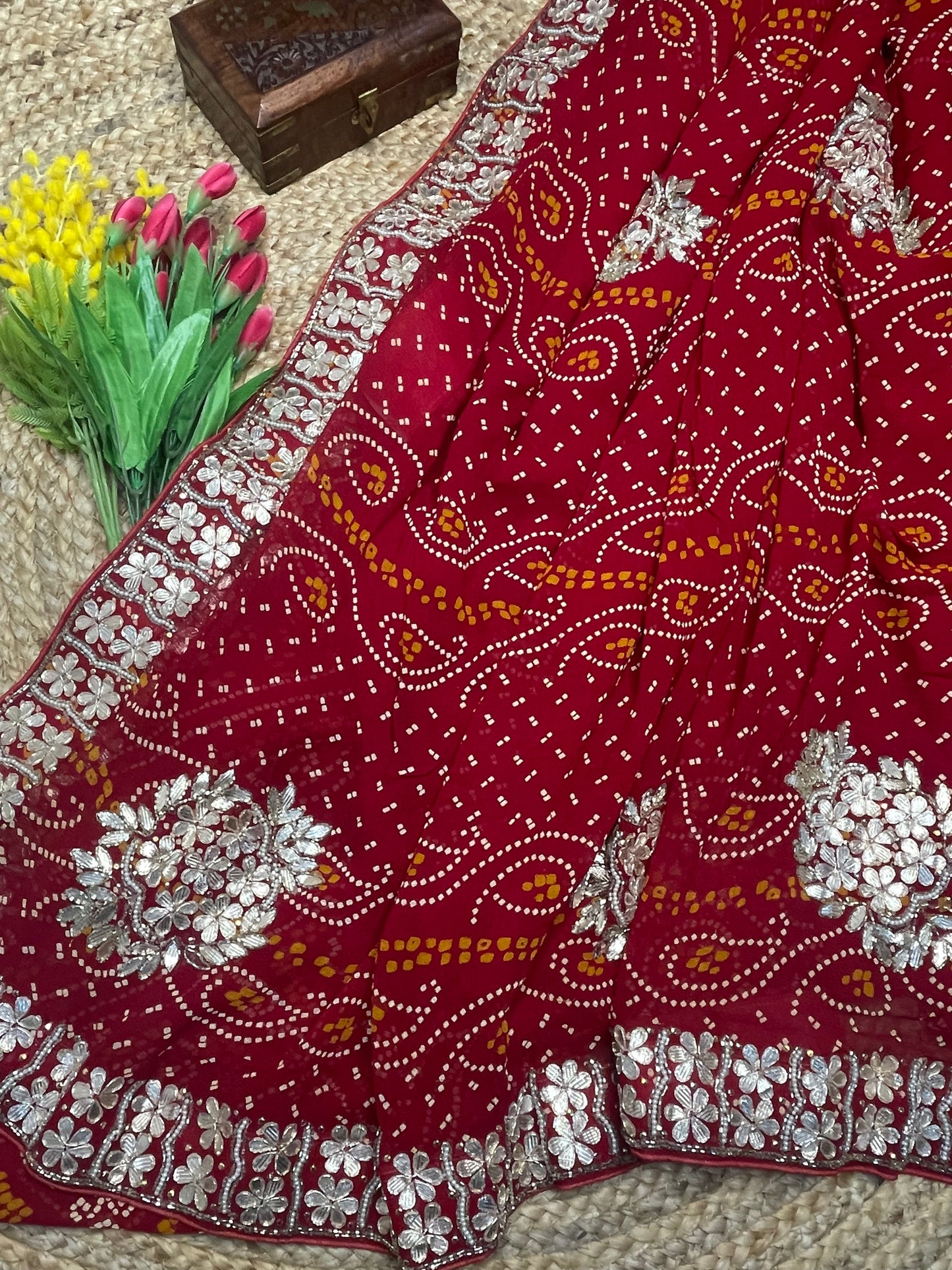 Red Bandhani Georgette Saree with Pearl Work