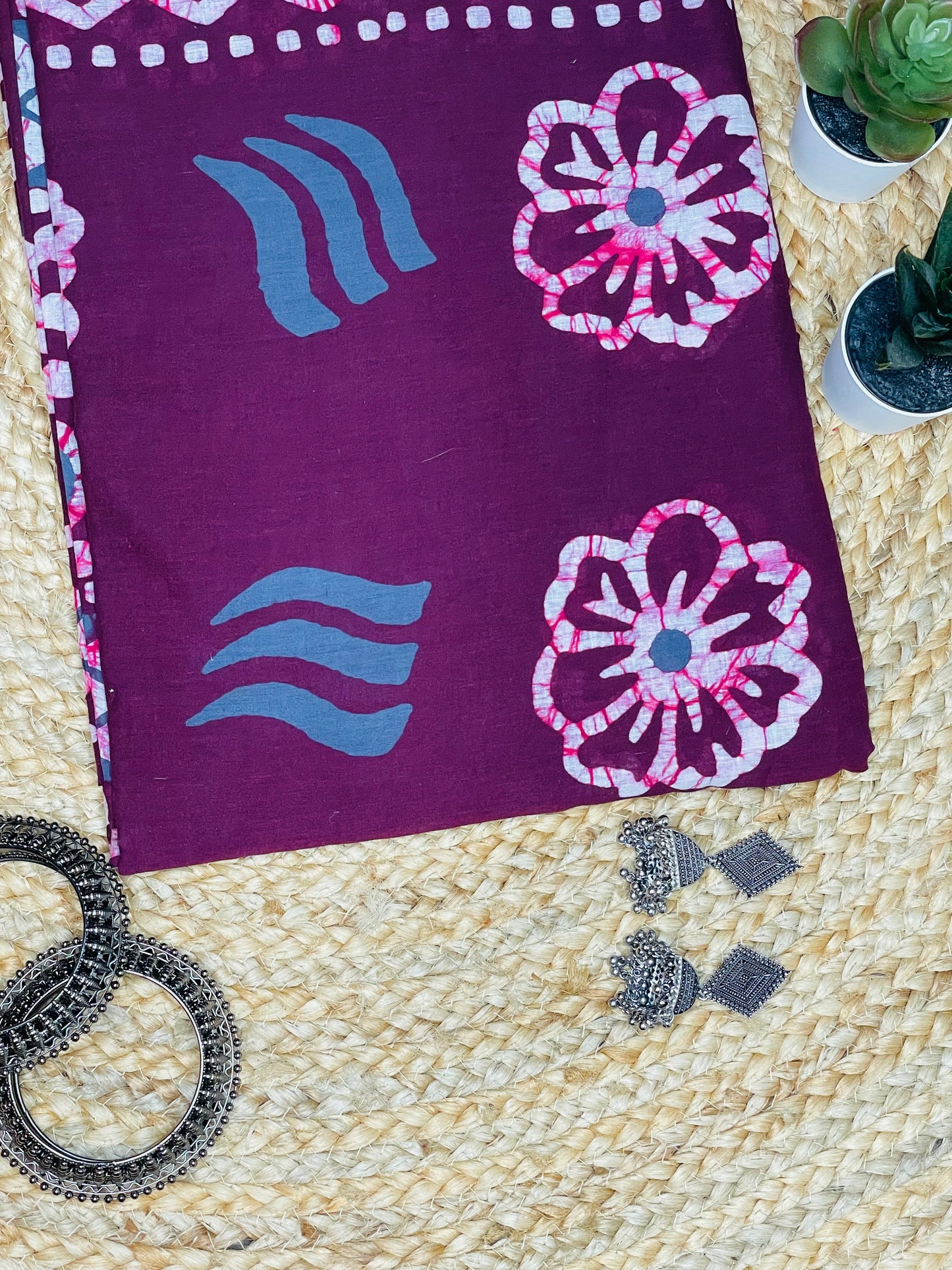 Burgundy colour Handblock Mulmul Saree