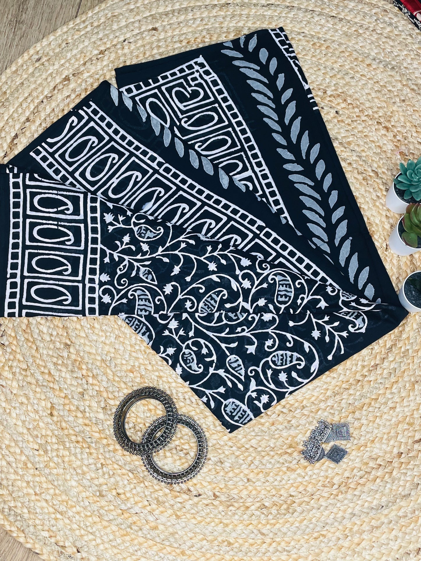 Black colour Handblock Mulmul Saree