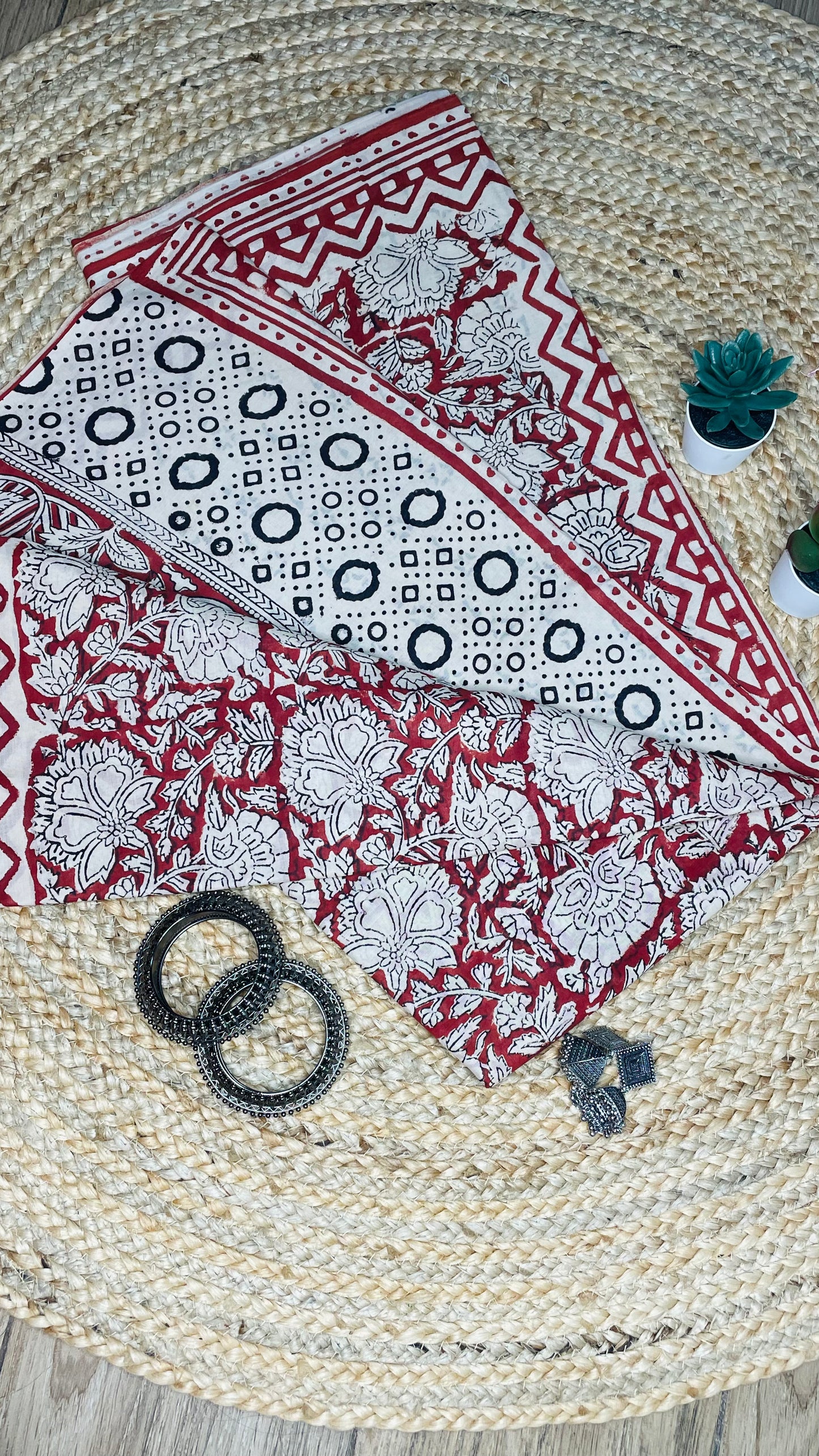 Maroon and Cream colour Handblock Mulmul Saree