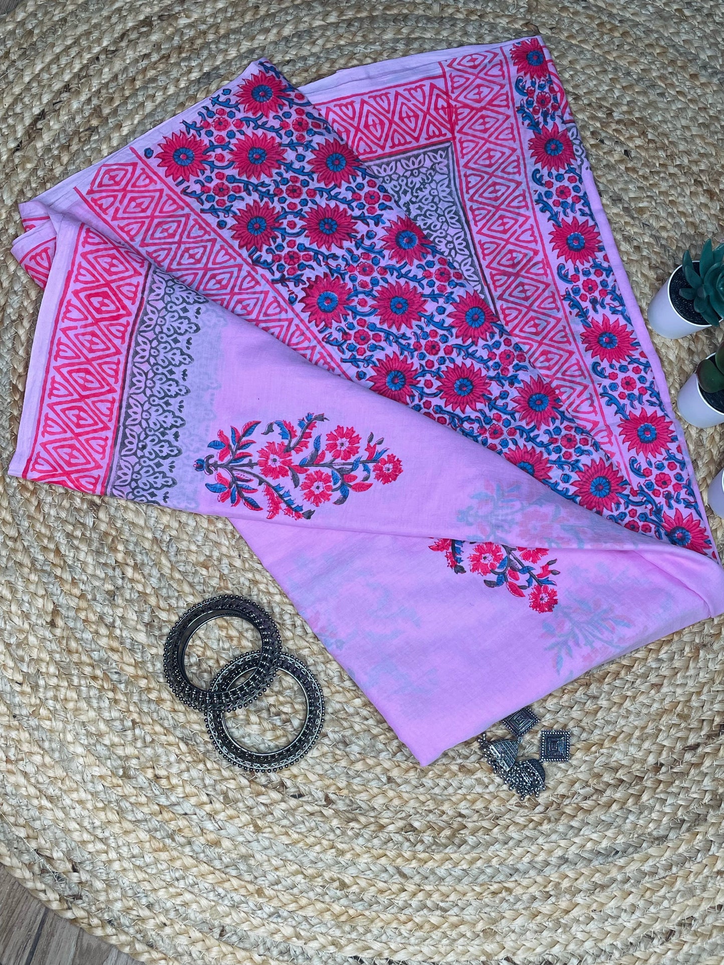 Baby Pink colour Handblock Mulmul Saree