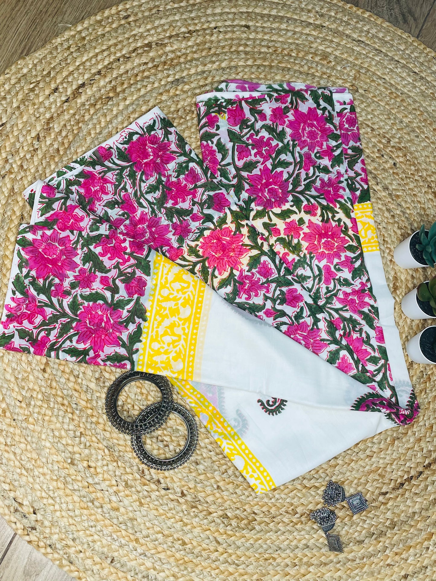 Floral White colour Handblock Mulmul Saree