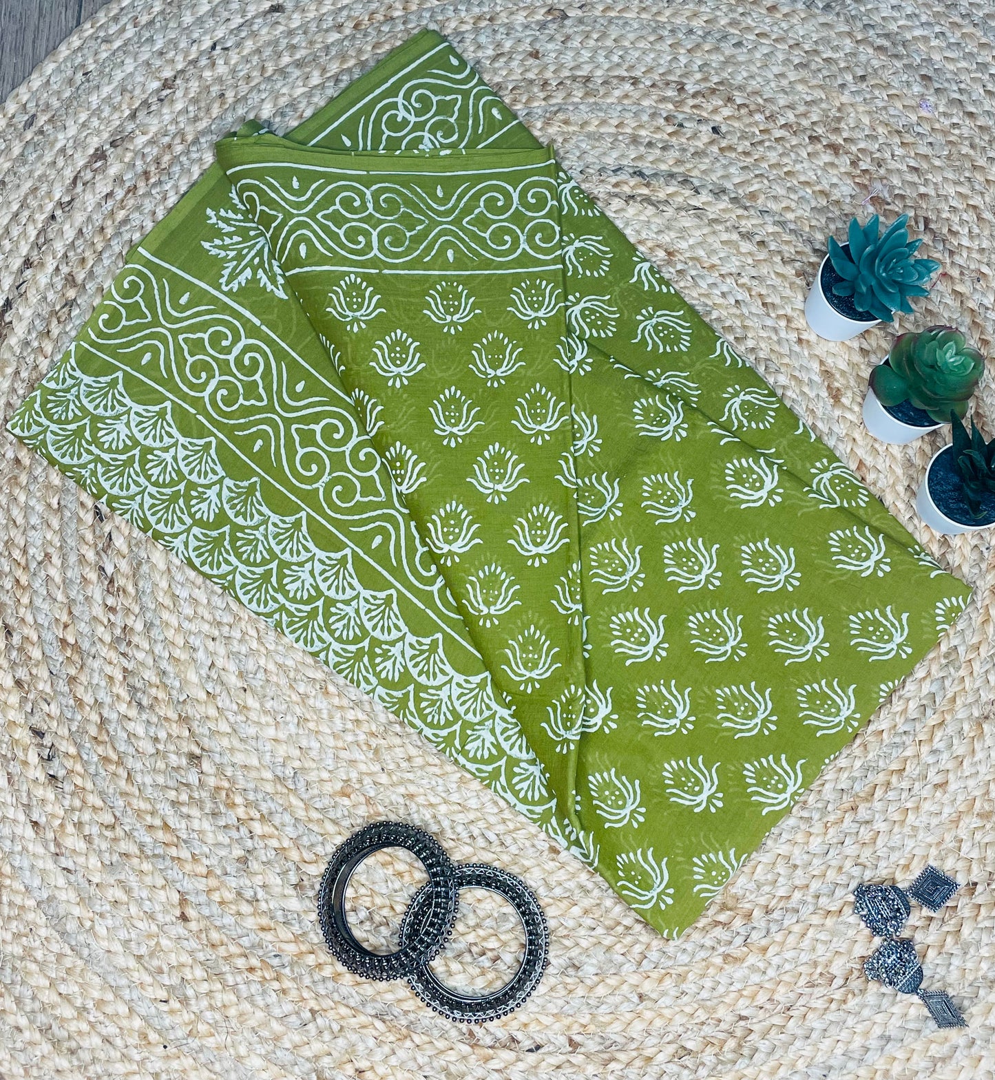 Light Green colour Handblock Mulmul Saree