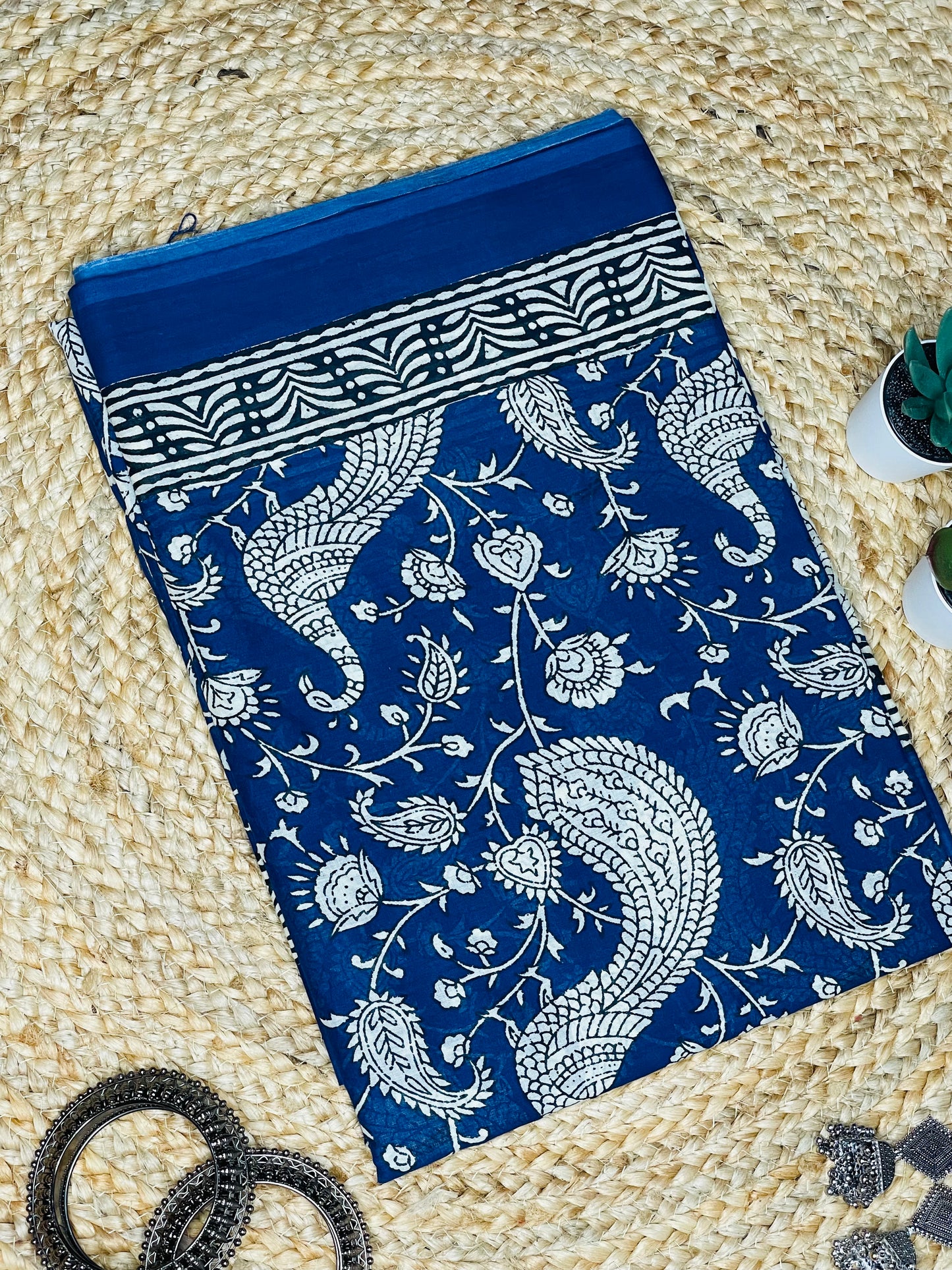 Navy Blue colour Peacock Handblock Mulmul Saree