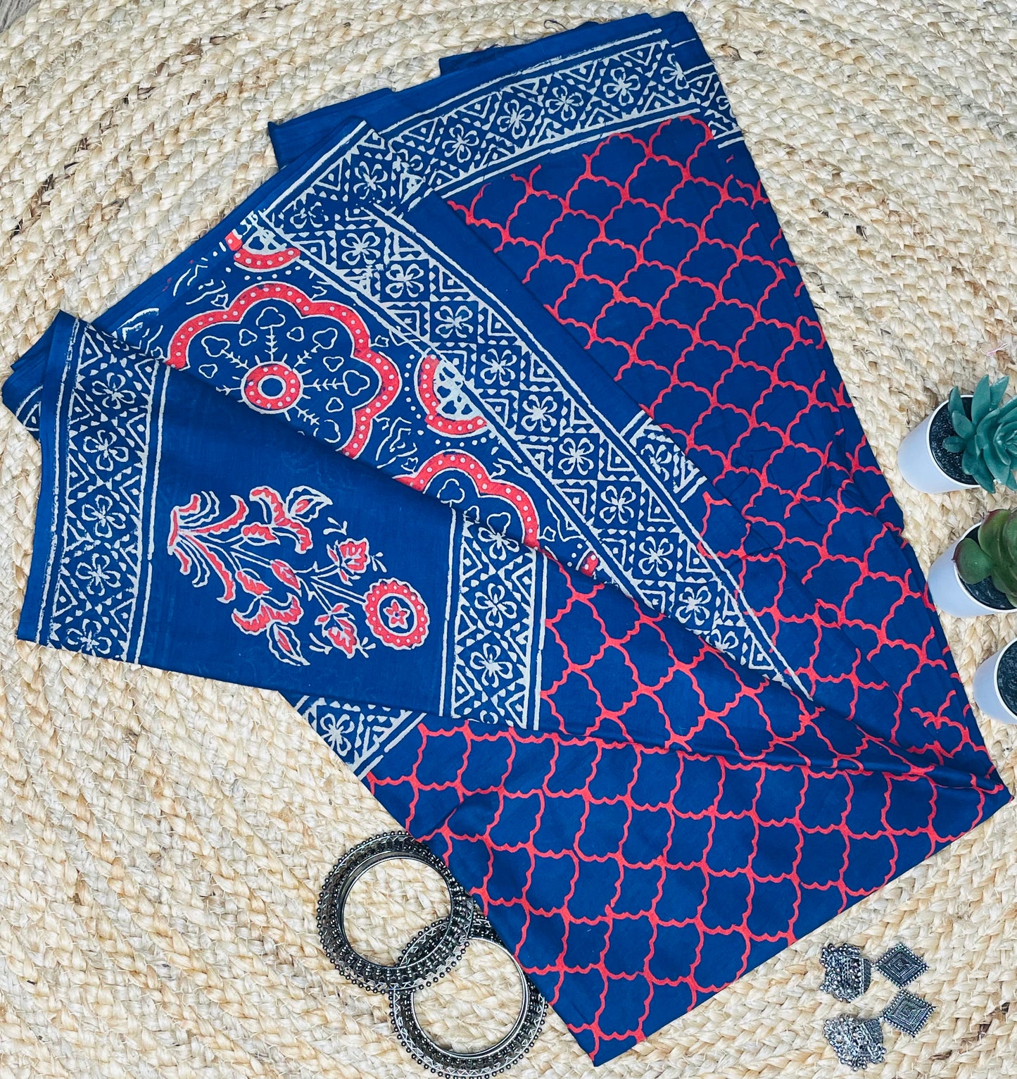 Dark Blue colour Handblock Mulmul Saree