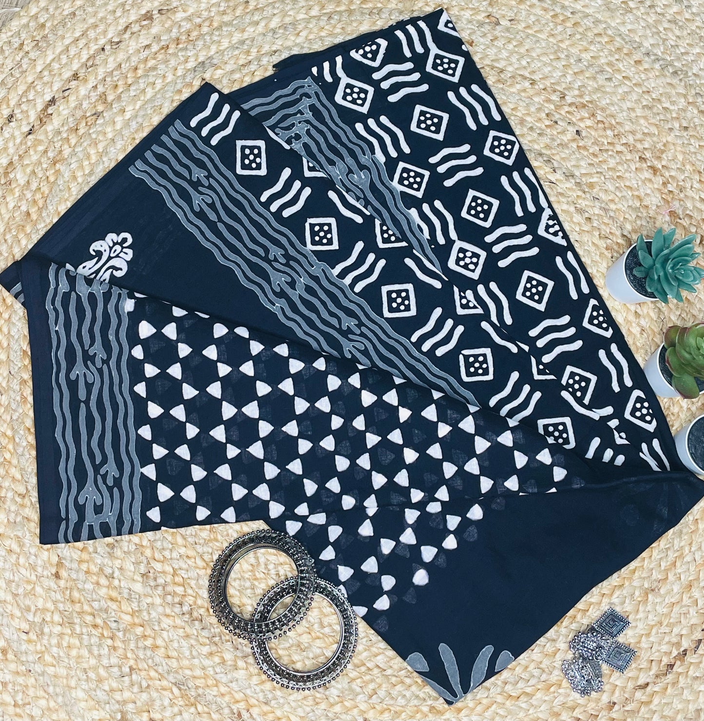 Black Geometrical design Handblock Mulmul Saree