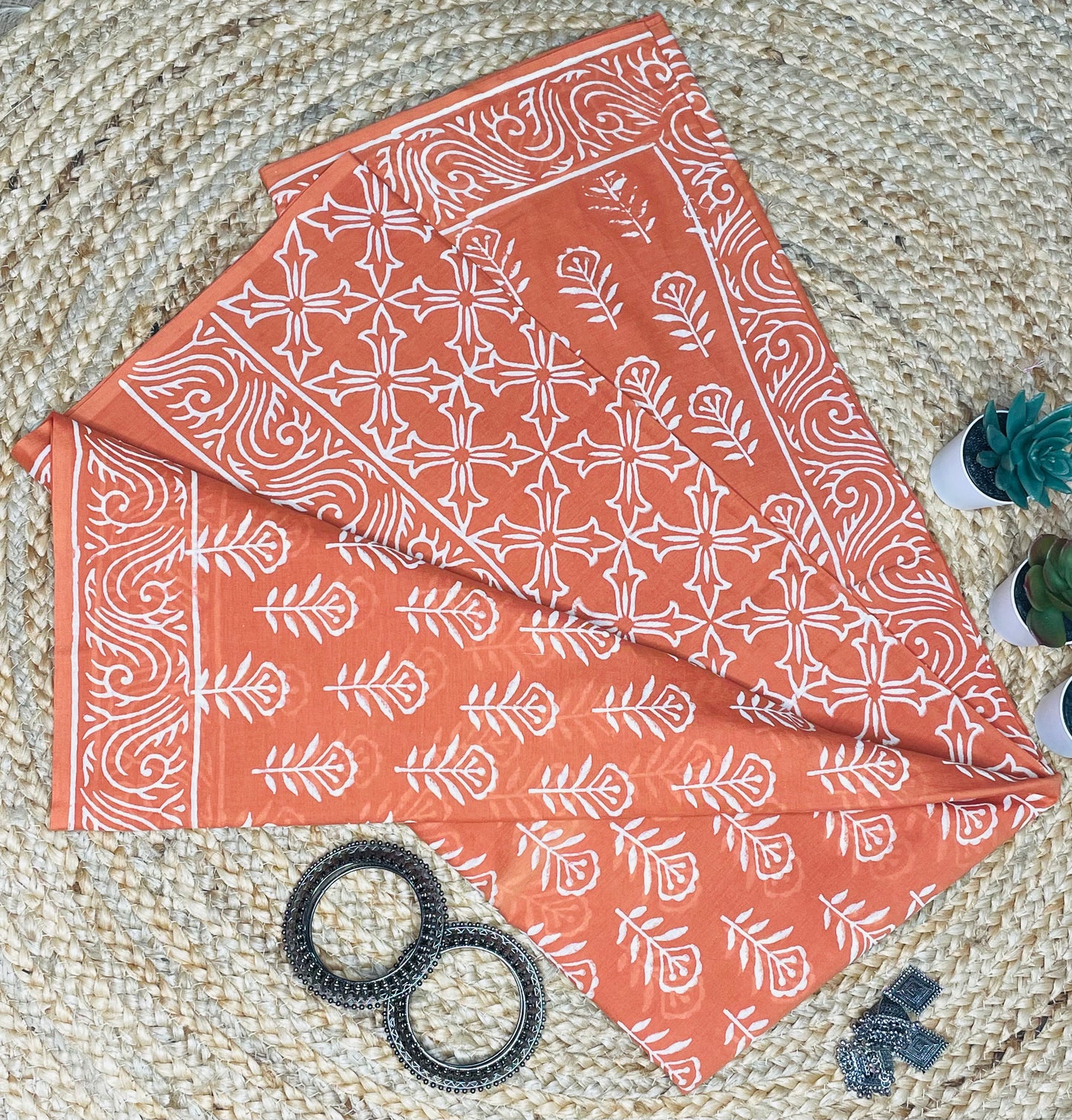 Peach Orange colour Handblock Mulmul Saree