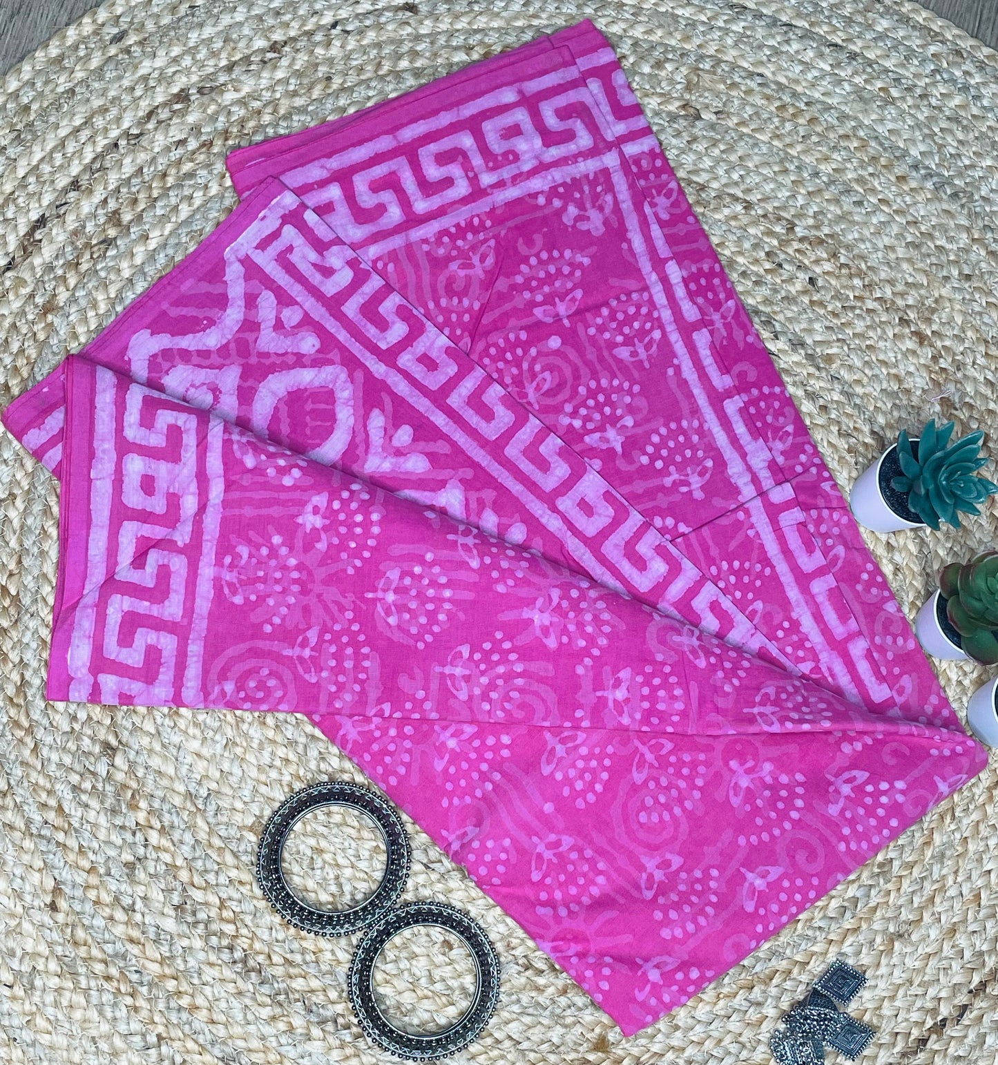 Pink colour Handblock Mulmul Saree