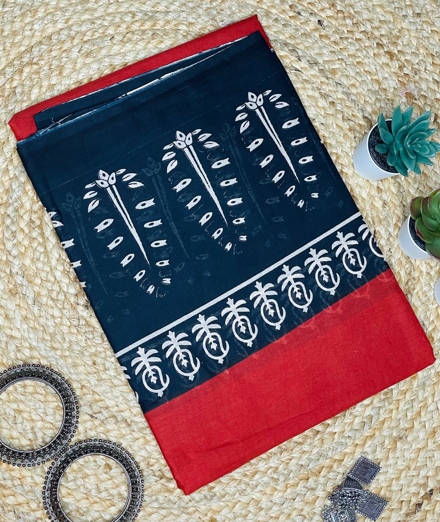 Red and Black Bordered Mulmul Saree