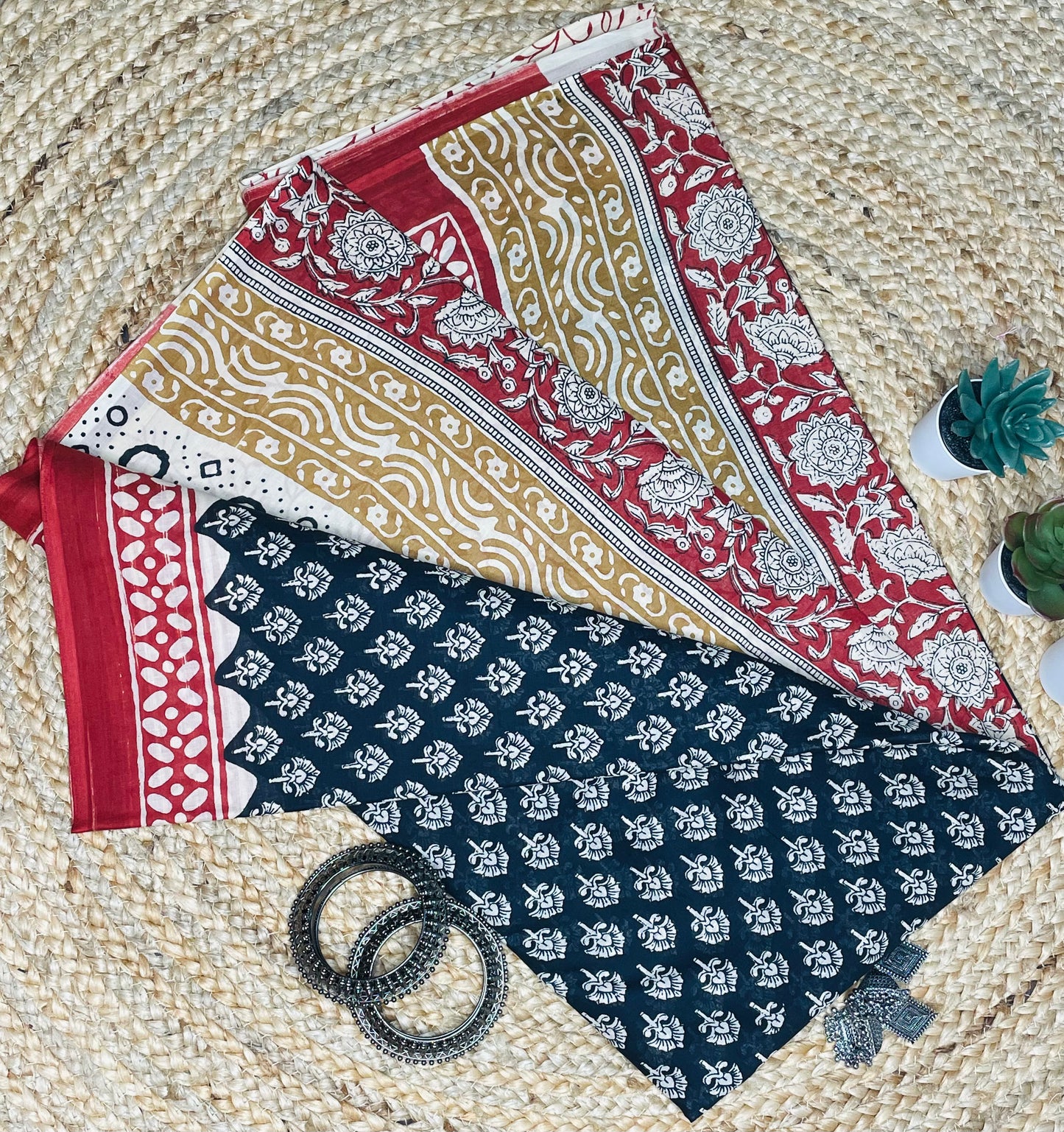 Black with Red border Handblock Mulmul Saree