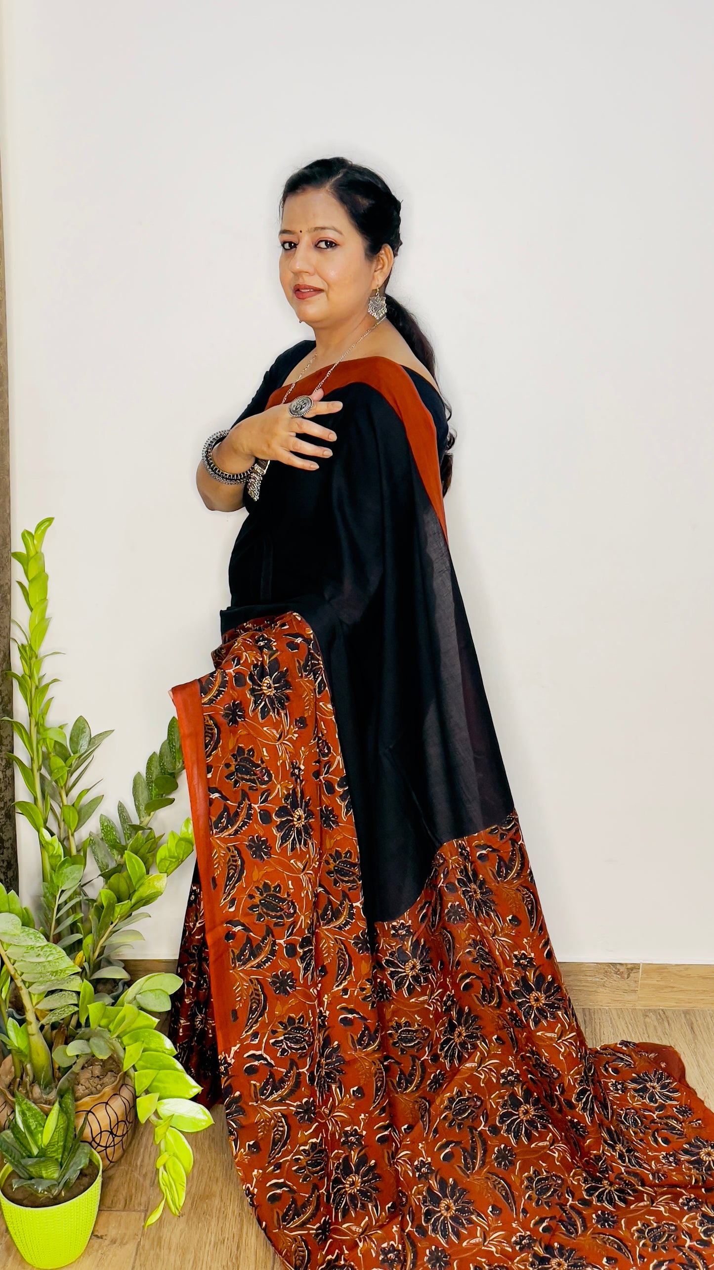 Black and Orange Mulmul Cotton Saree