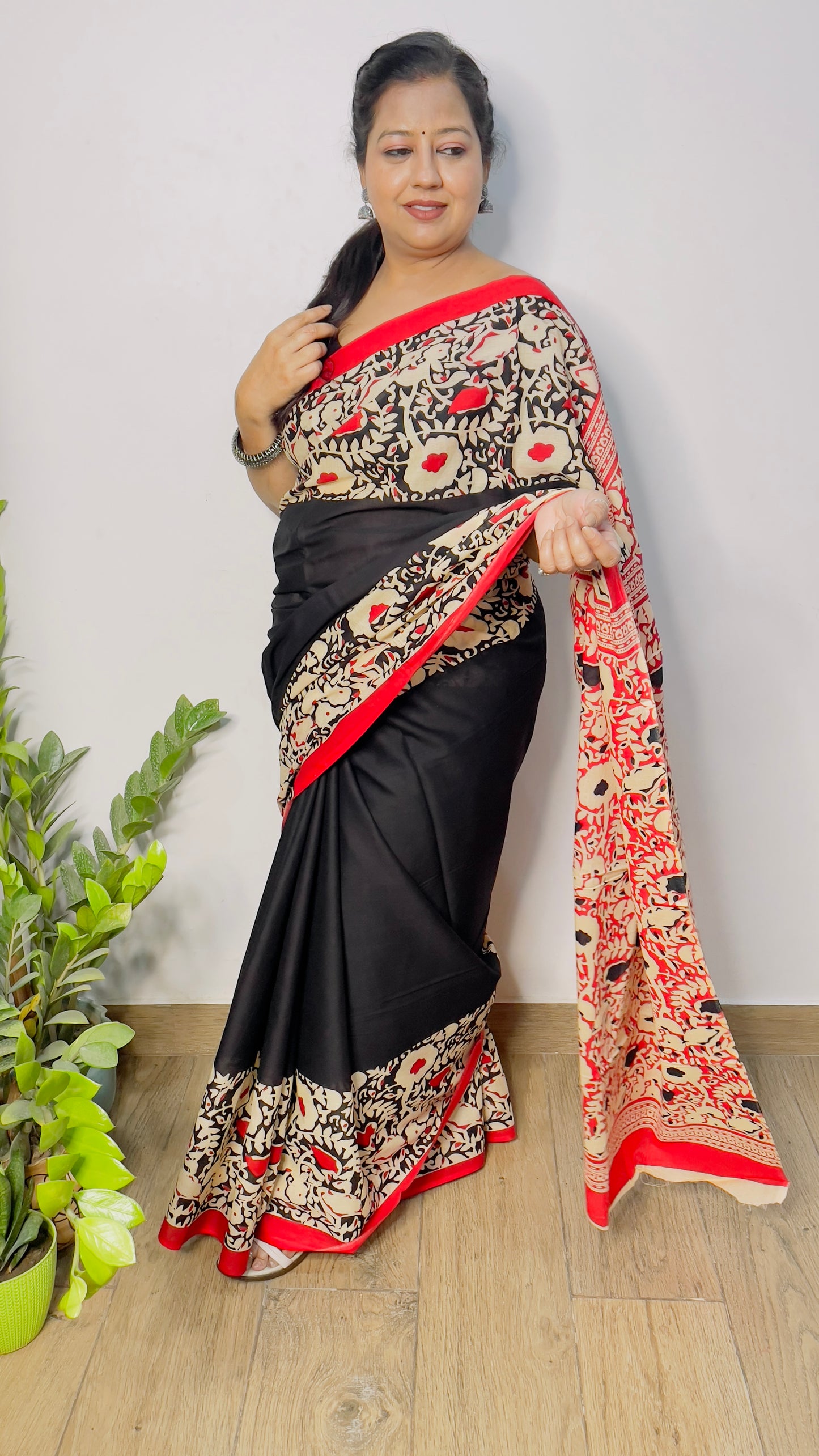 Red bordered black Mulmul Cotton Saree