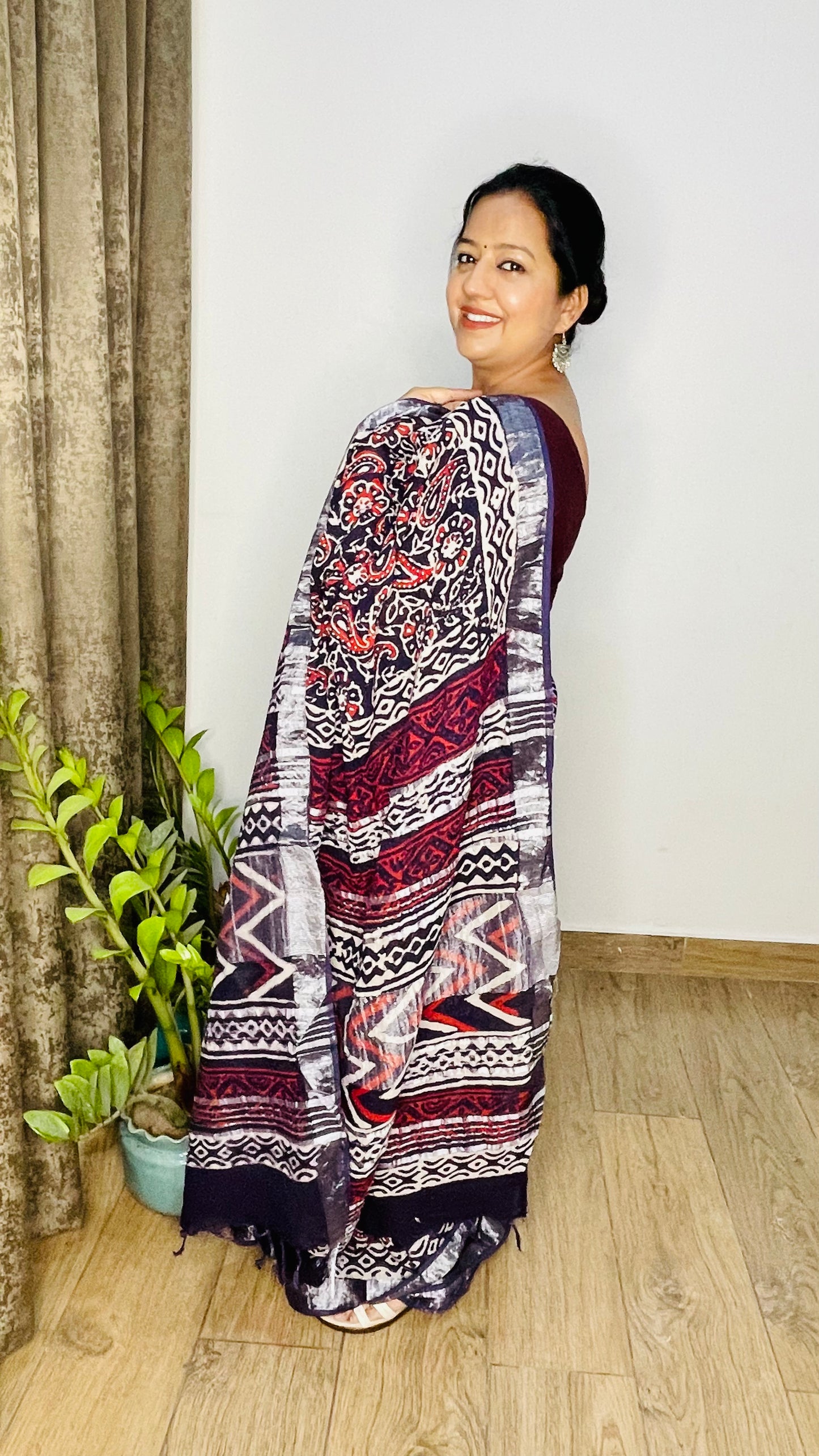 Wine Color Handblock Print Cotton Linen Saree