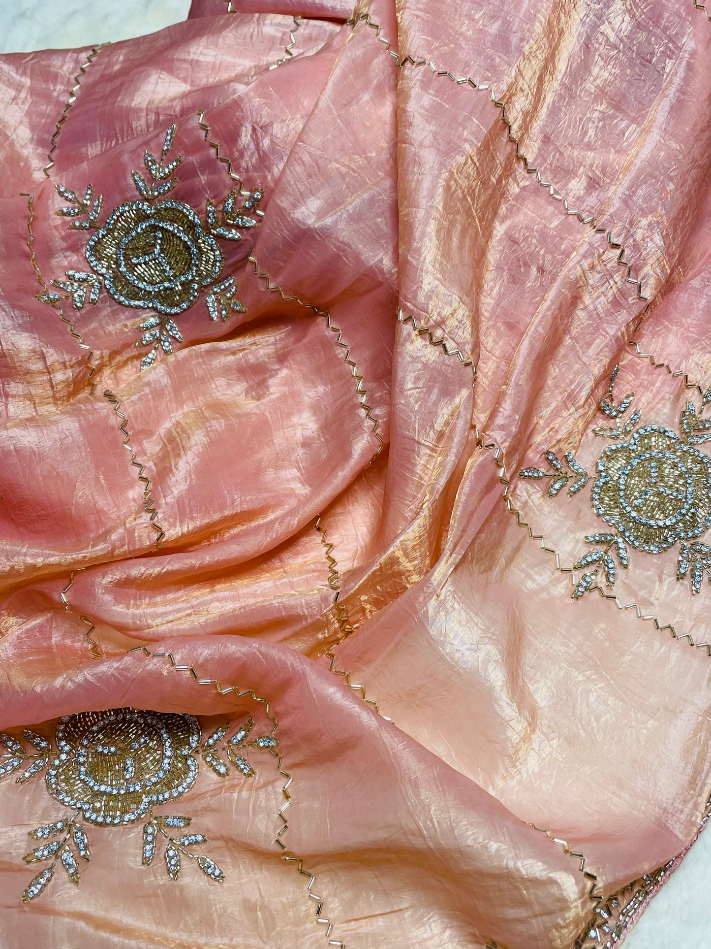 Peachy Pink Tissue Saree With Metallic Shine