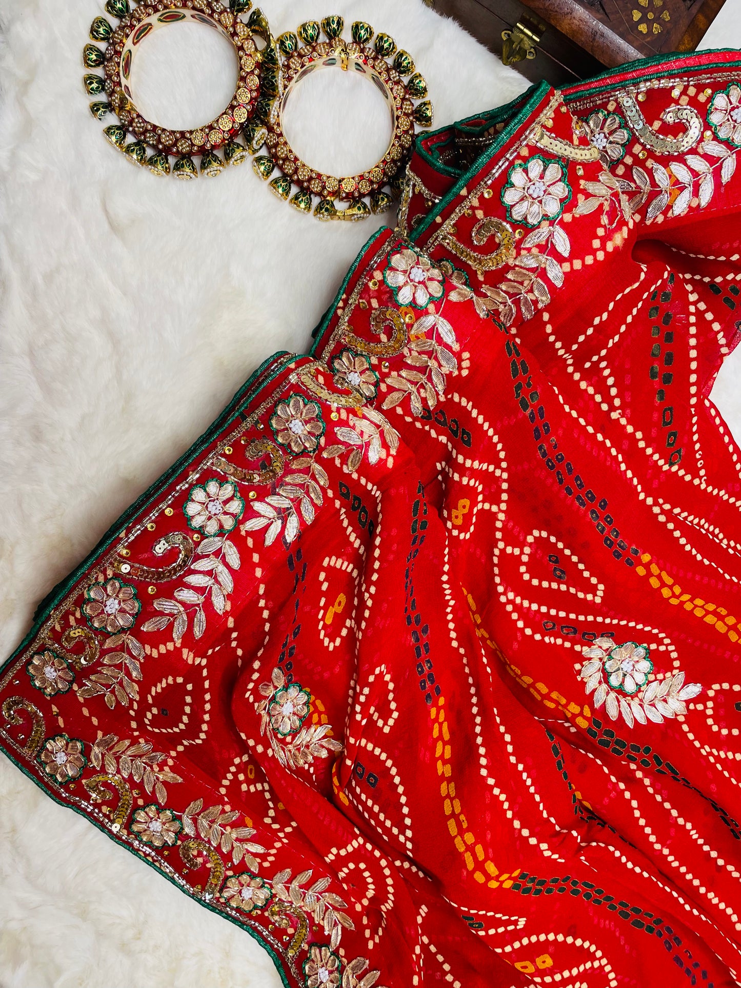 Red Bandhani Saree with Gotta Patti Work