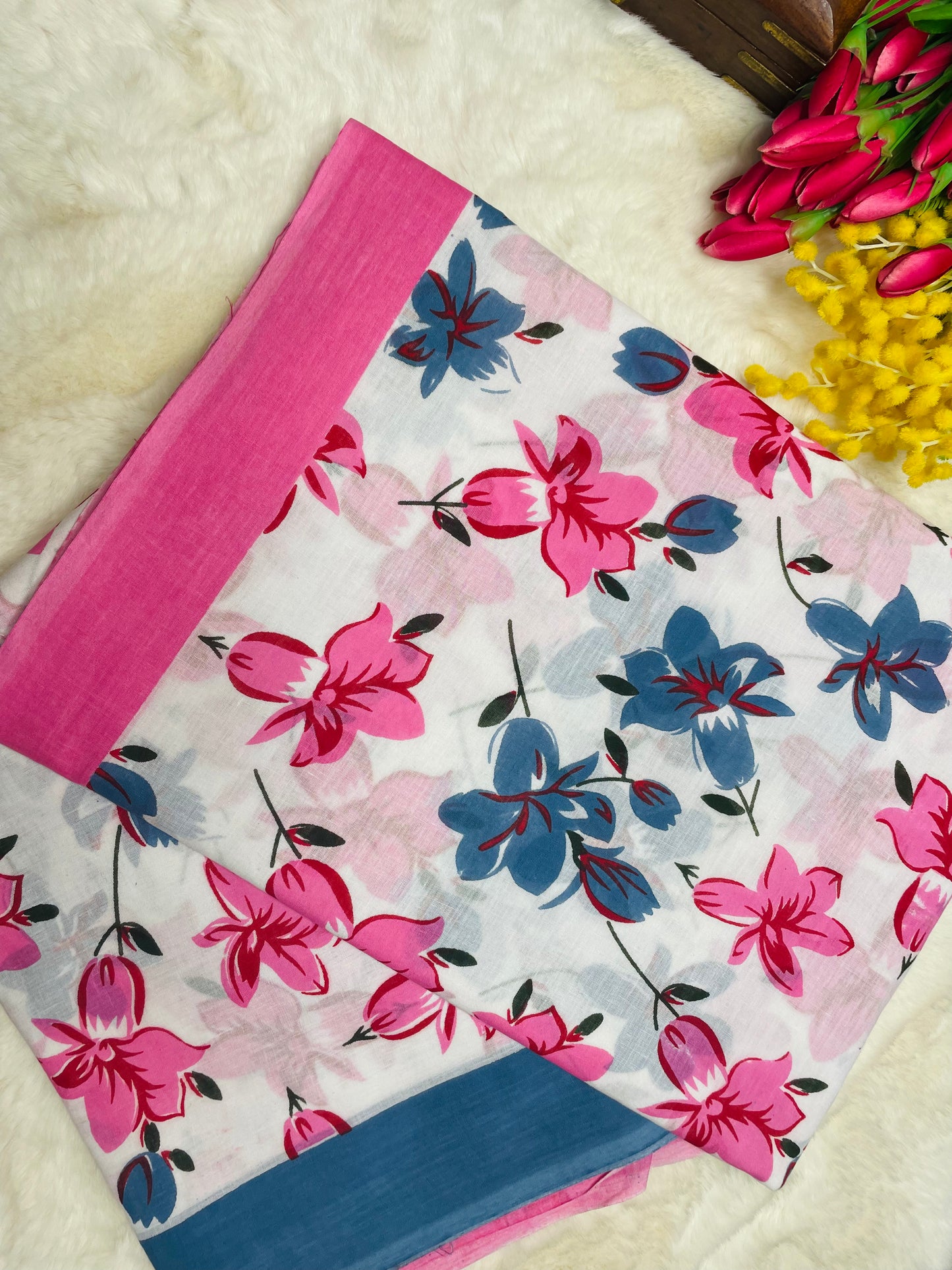 Pink and White Mulmul Cotton Saree