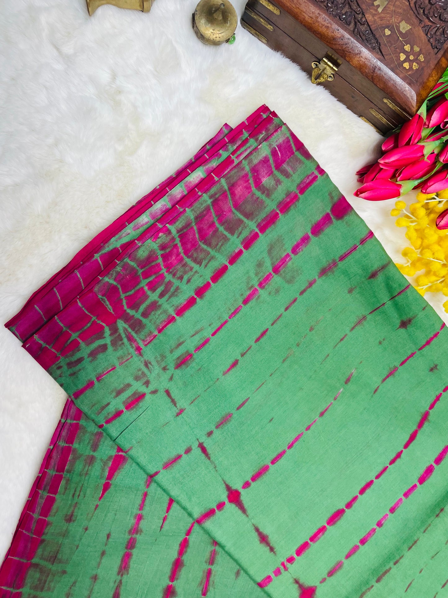 Green and Pink Shibori Mulmul Cotton Saree