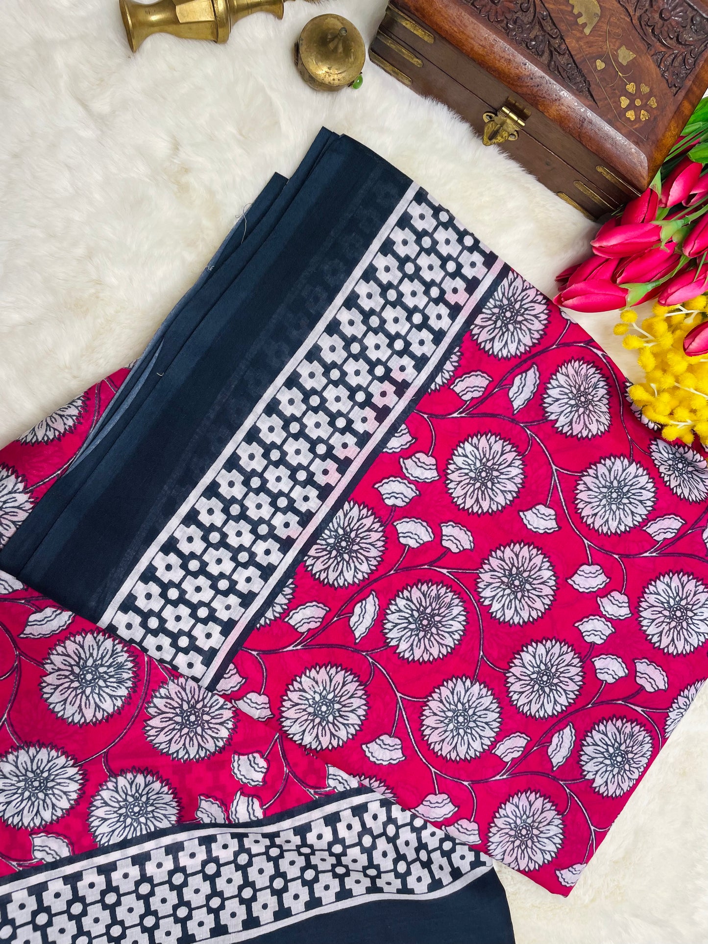 Dark Pink Mulmul Cotton Saree with Floral Print