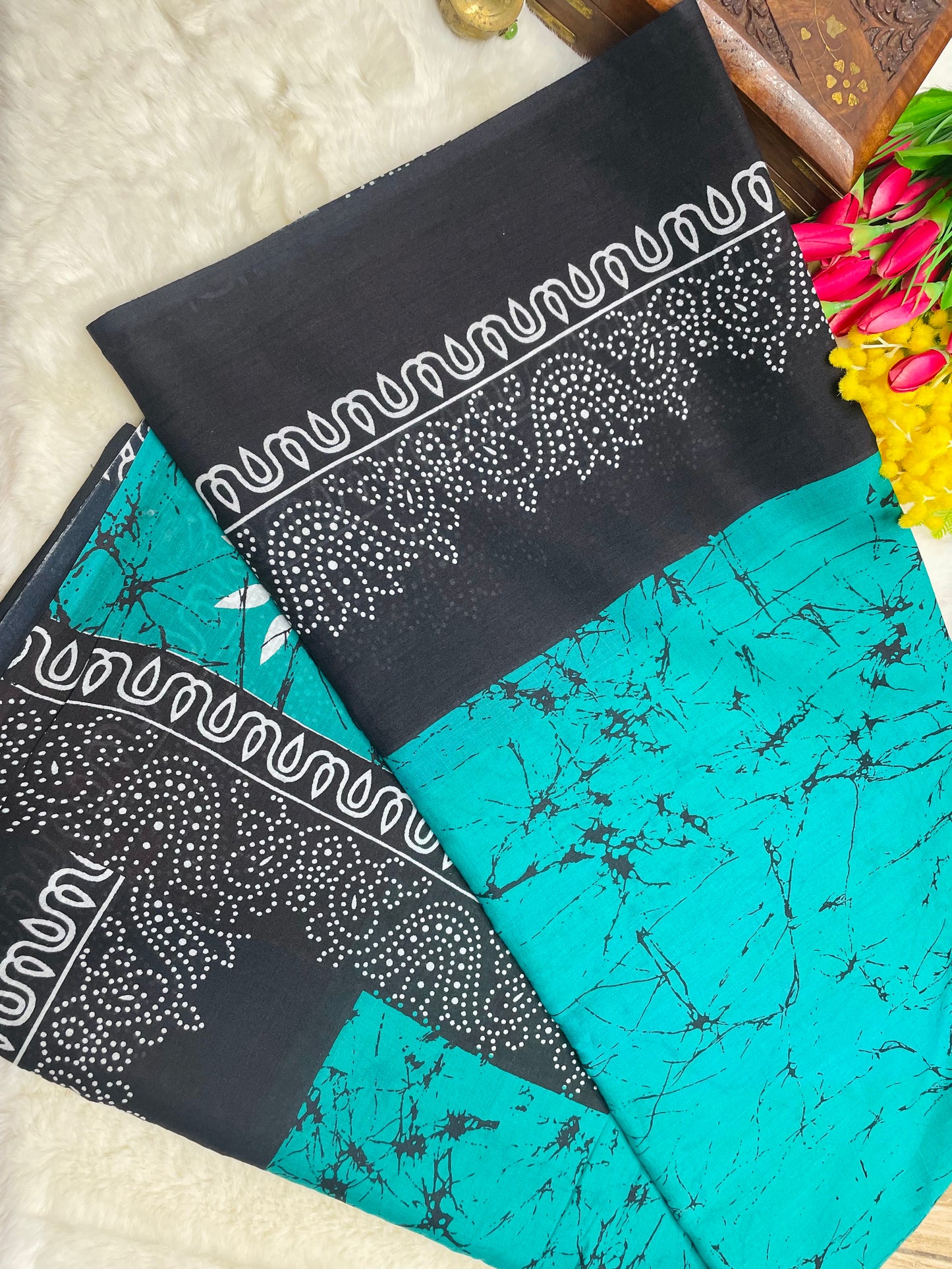 Teal and Black Mulmul Cotton Saree
