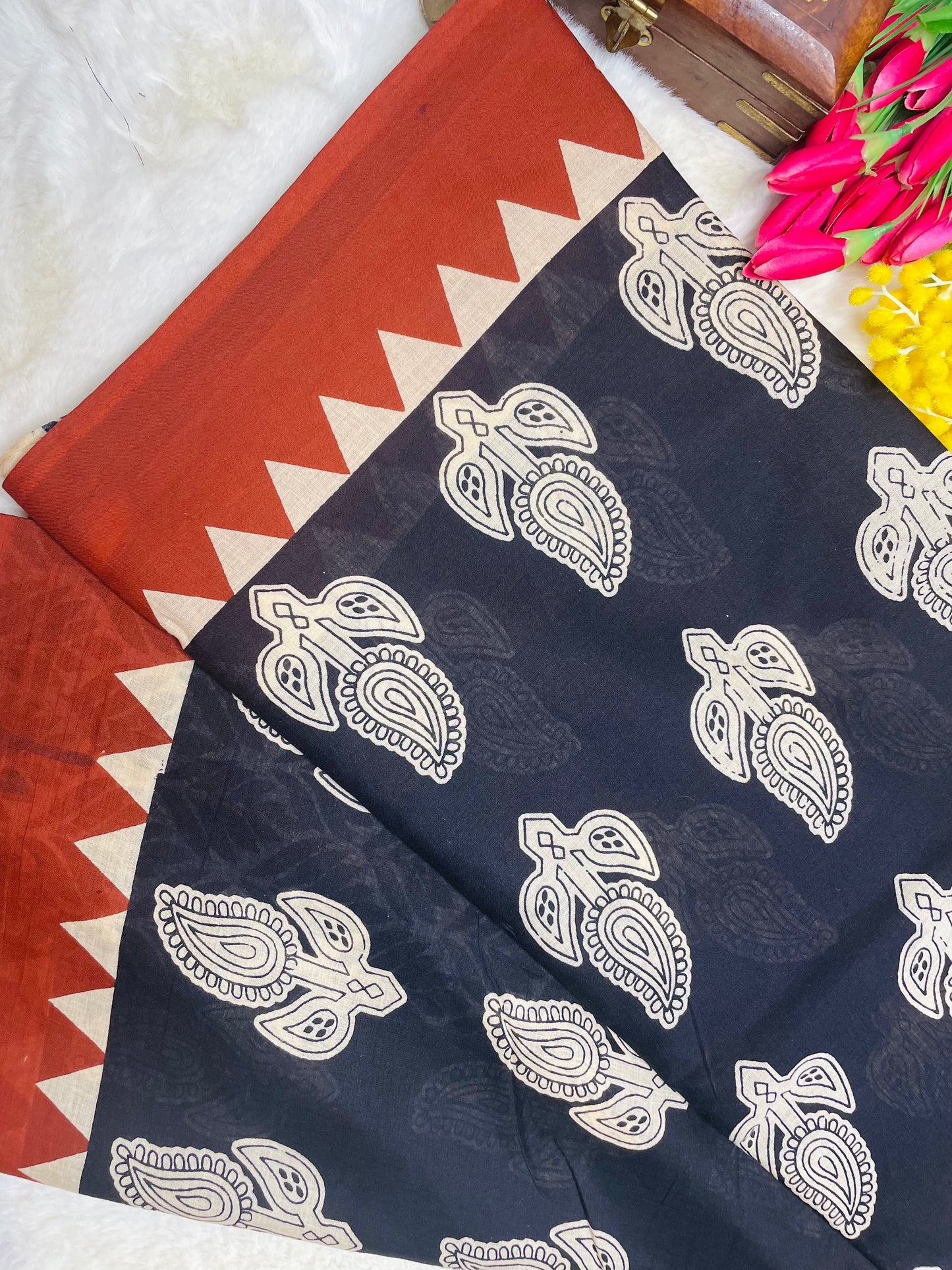 Black and Brown Mulmul Cotton Saree