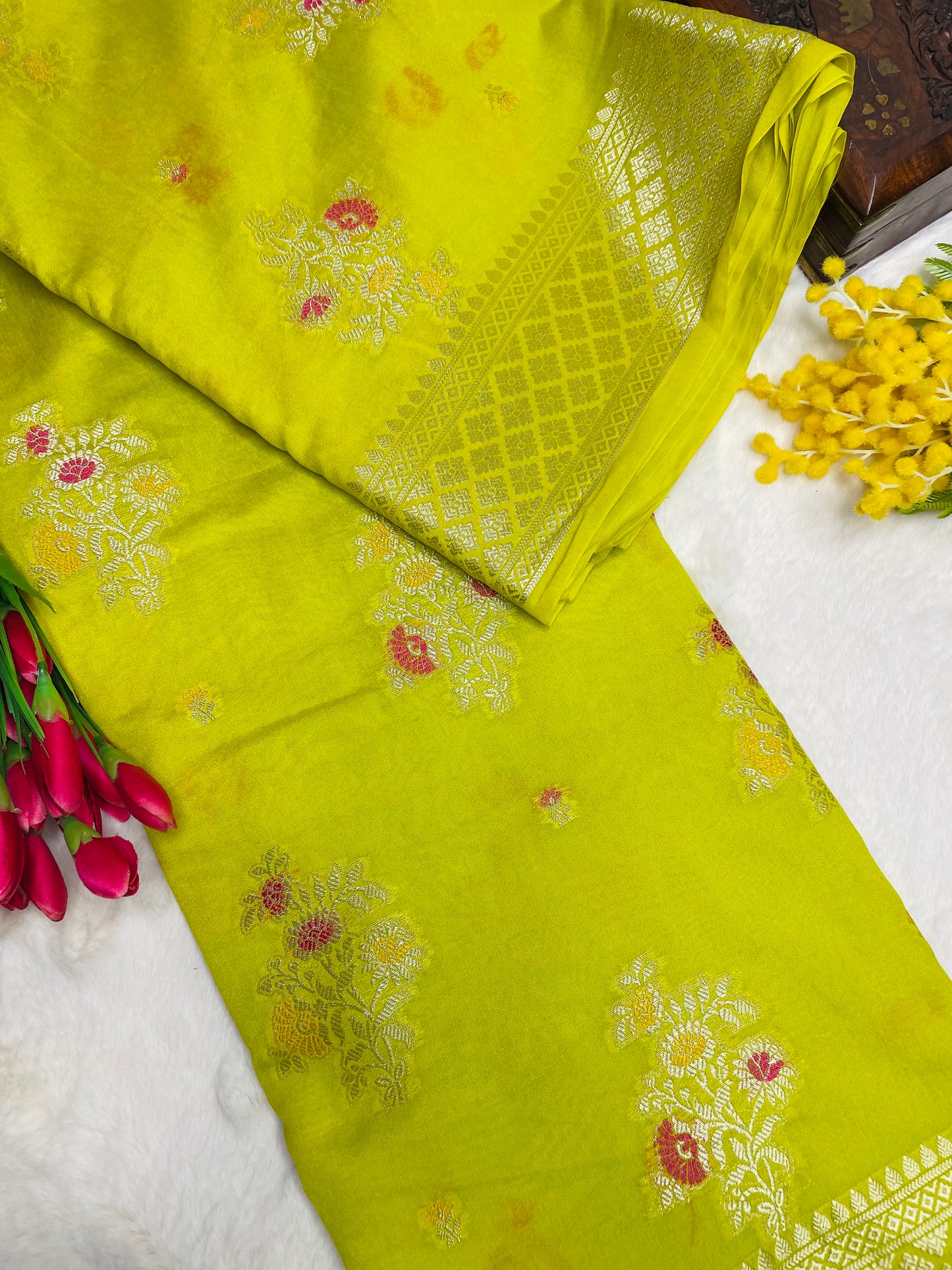 Florescent Green Cotton SIlk Saree With Zari Work