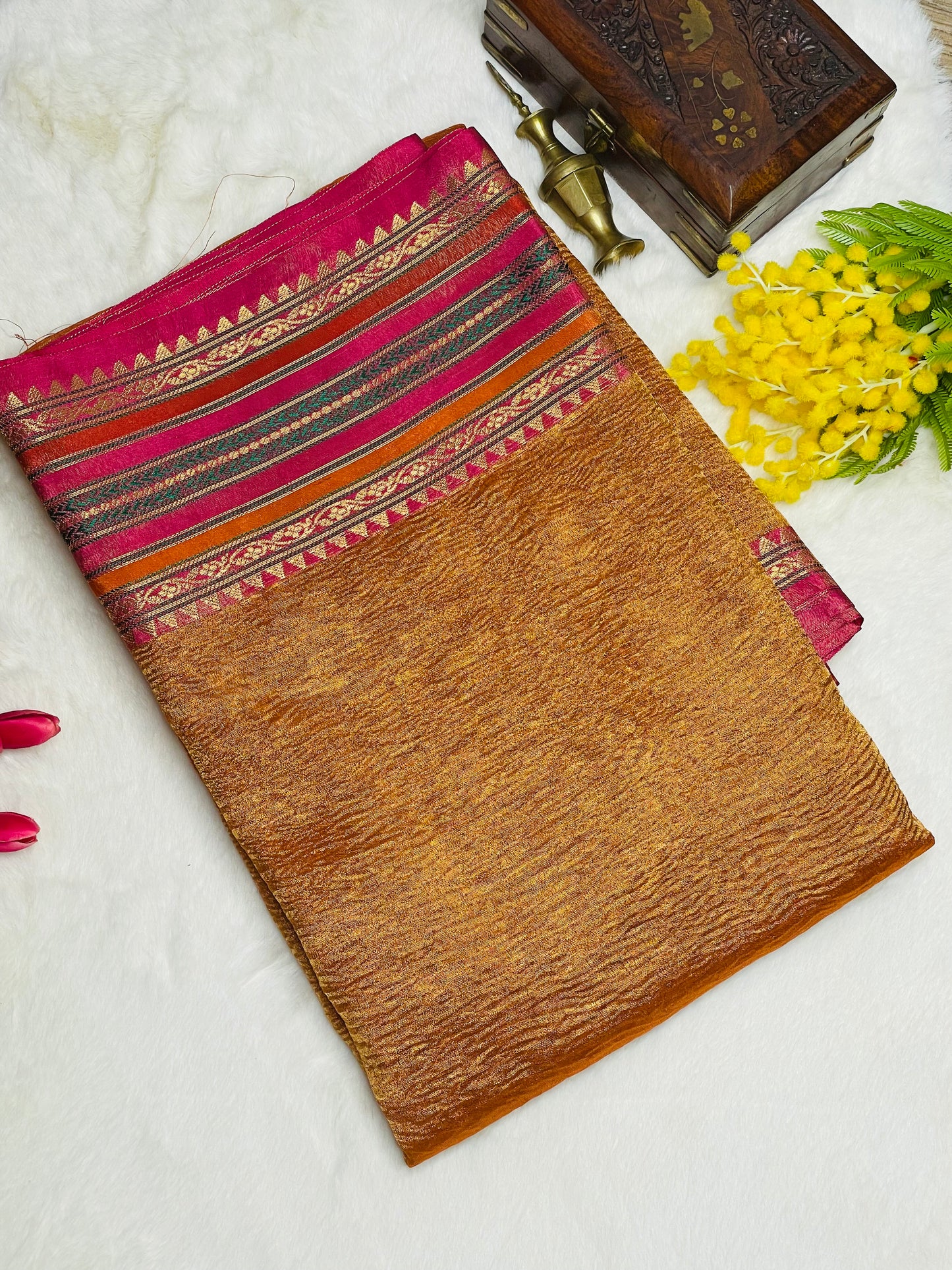 Shimmery Brown Crush Silk Saree With Zari Border