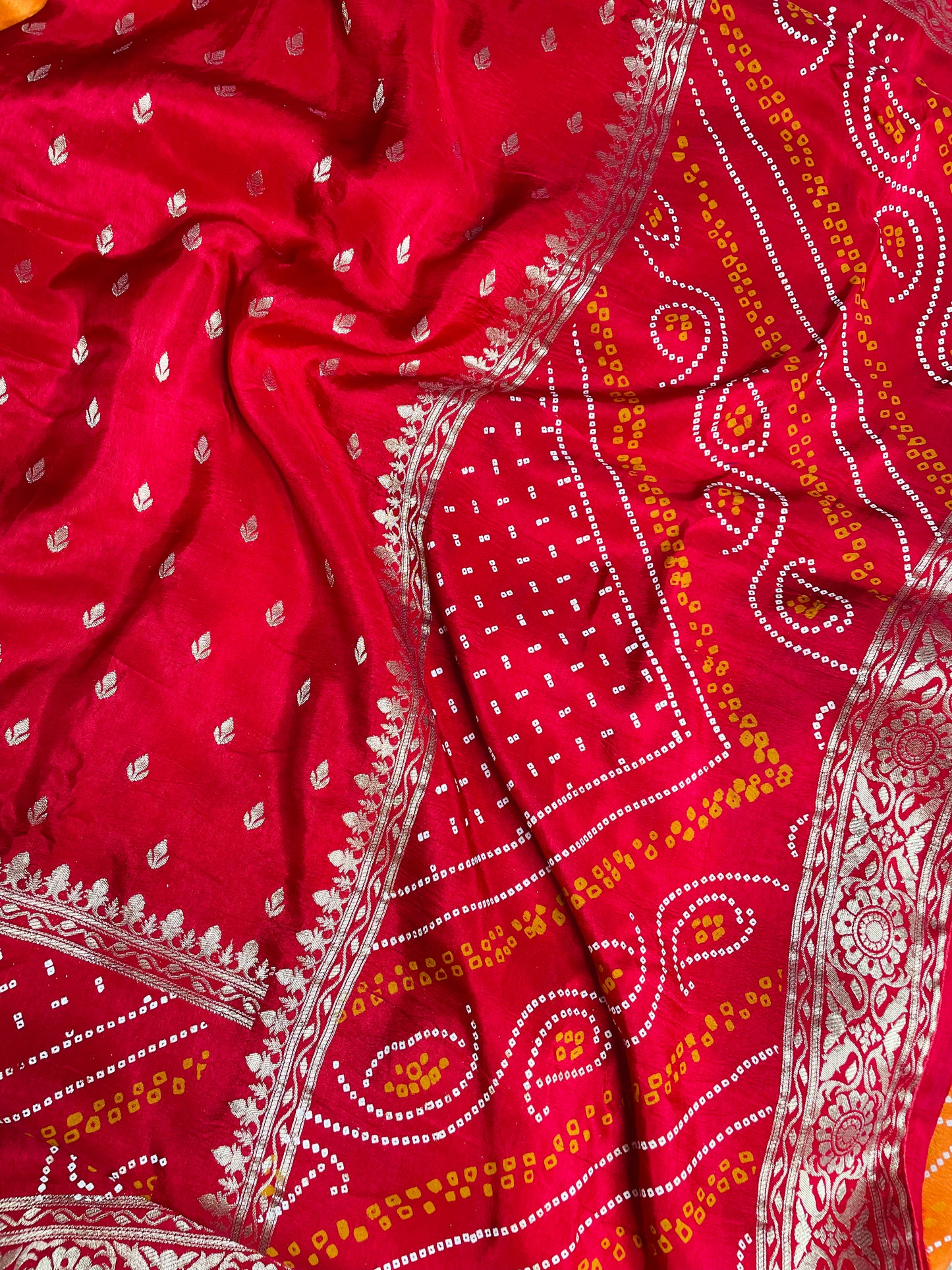 Red H.O Silk Saree with Bandhani border & Zari Buti