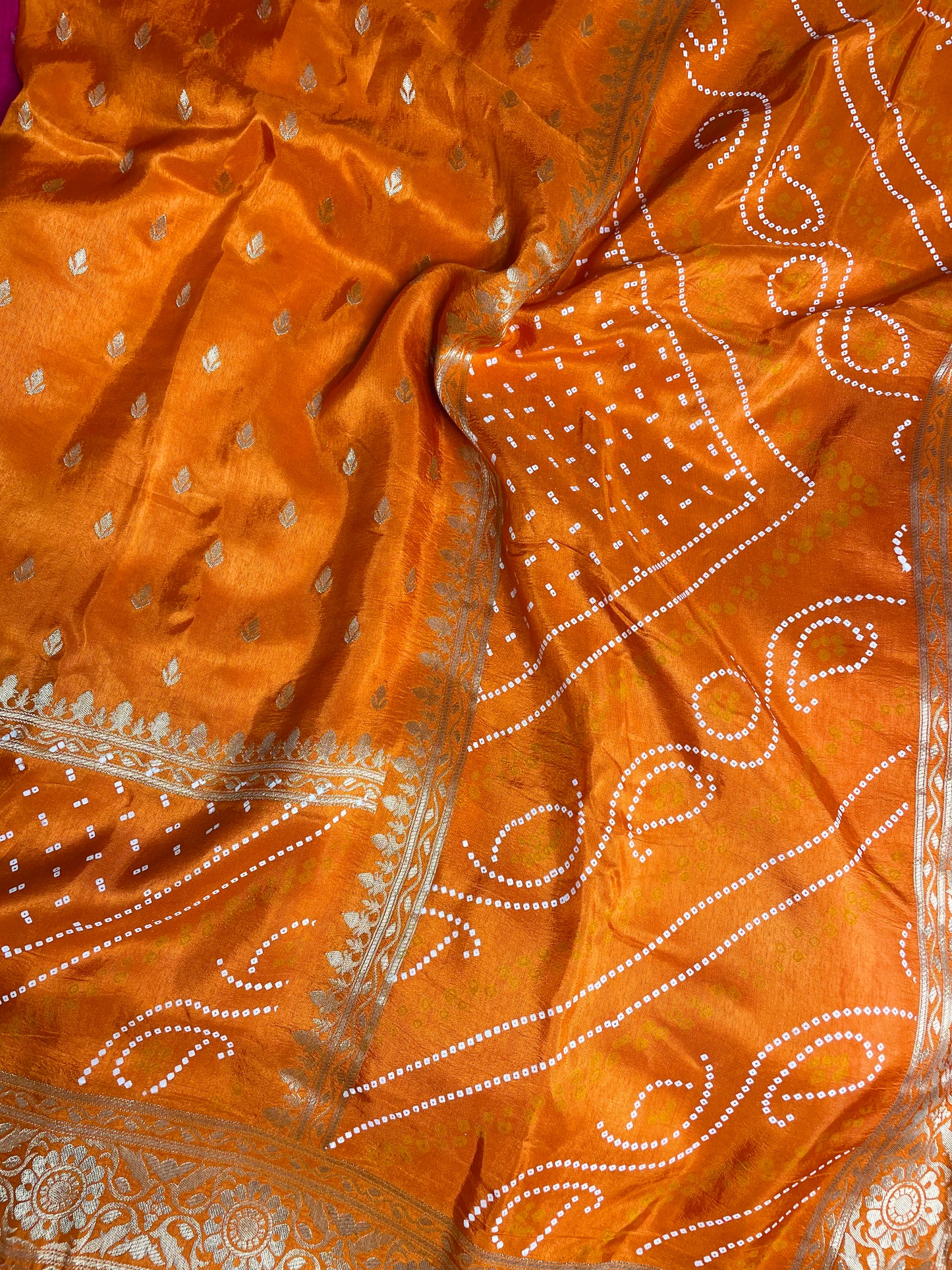 Warm Orange H.O Silk Saree with Bandhani border & Zari Buti