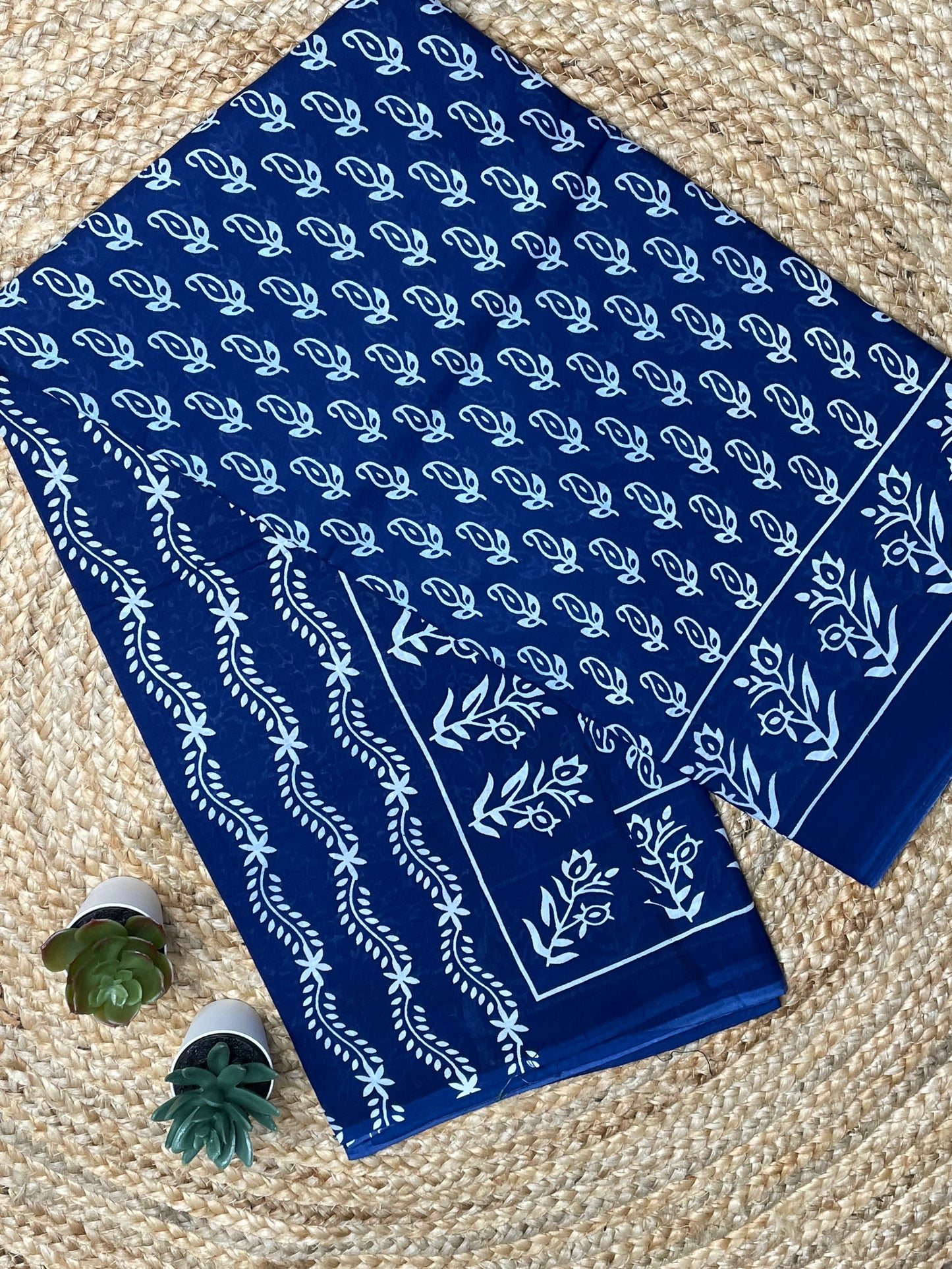 Navy Blue Mulmul Saree with Block Print