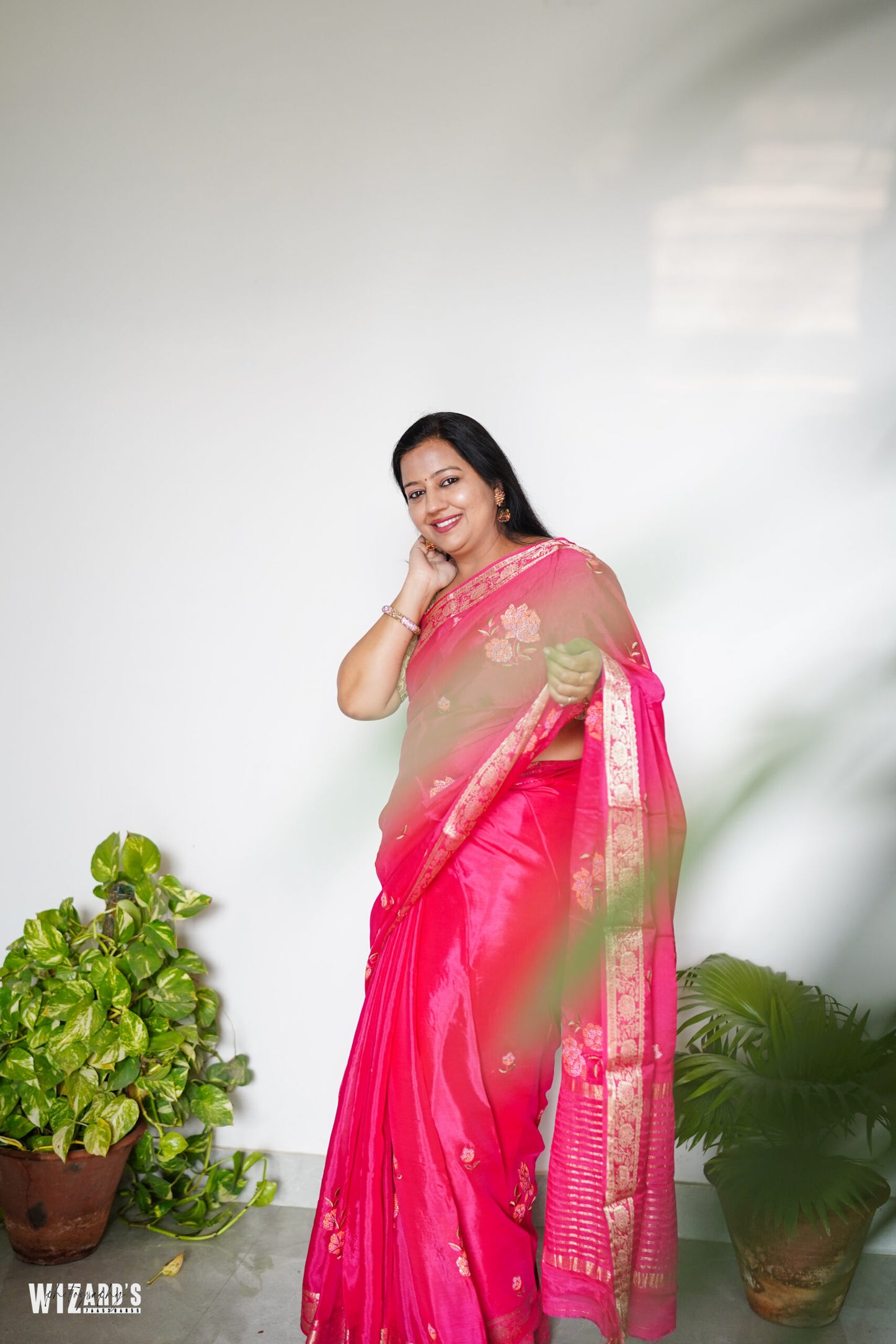 Pink Cinnon Saree With Embroidery and Zari Border