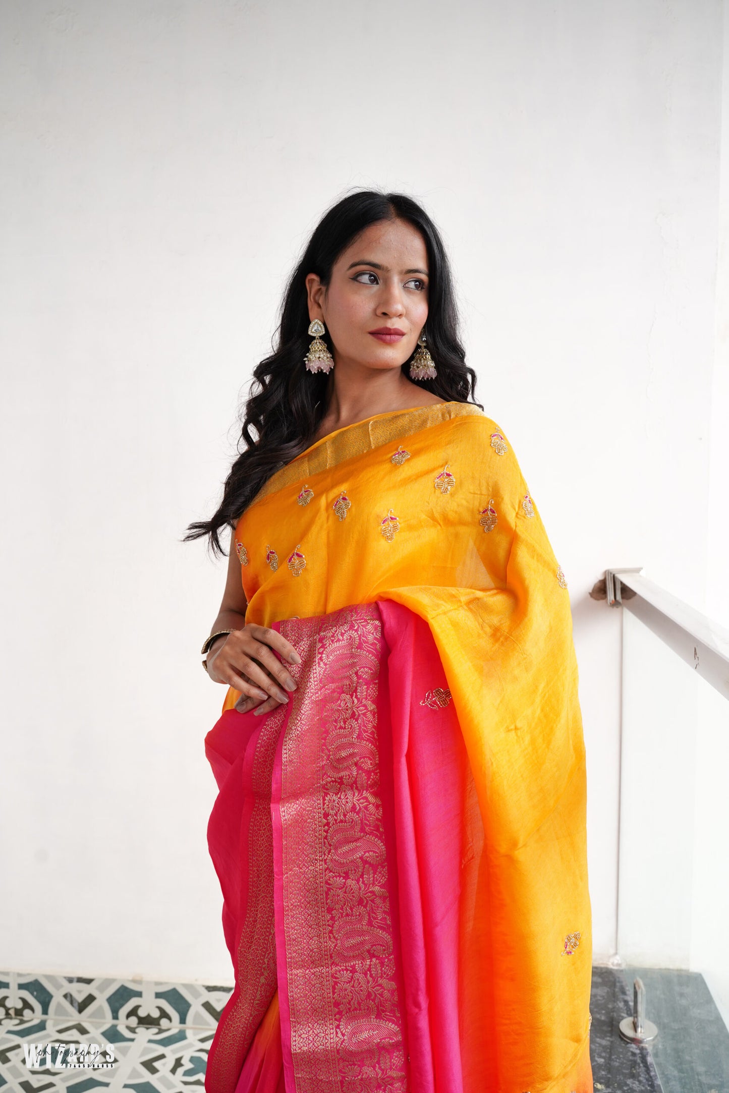 Yellow and Pink Dola Silk Saree