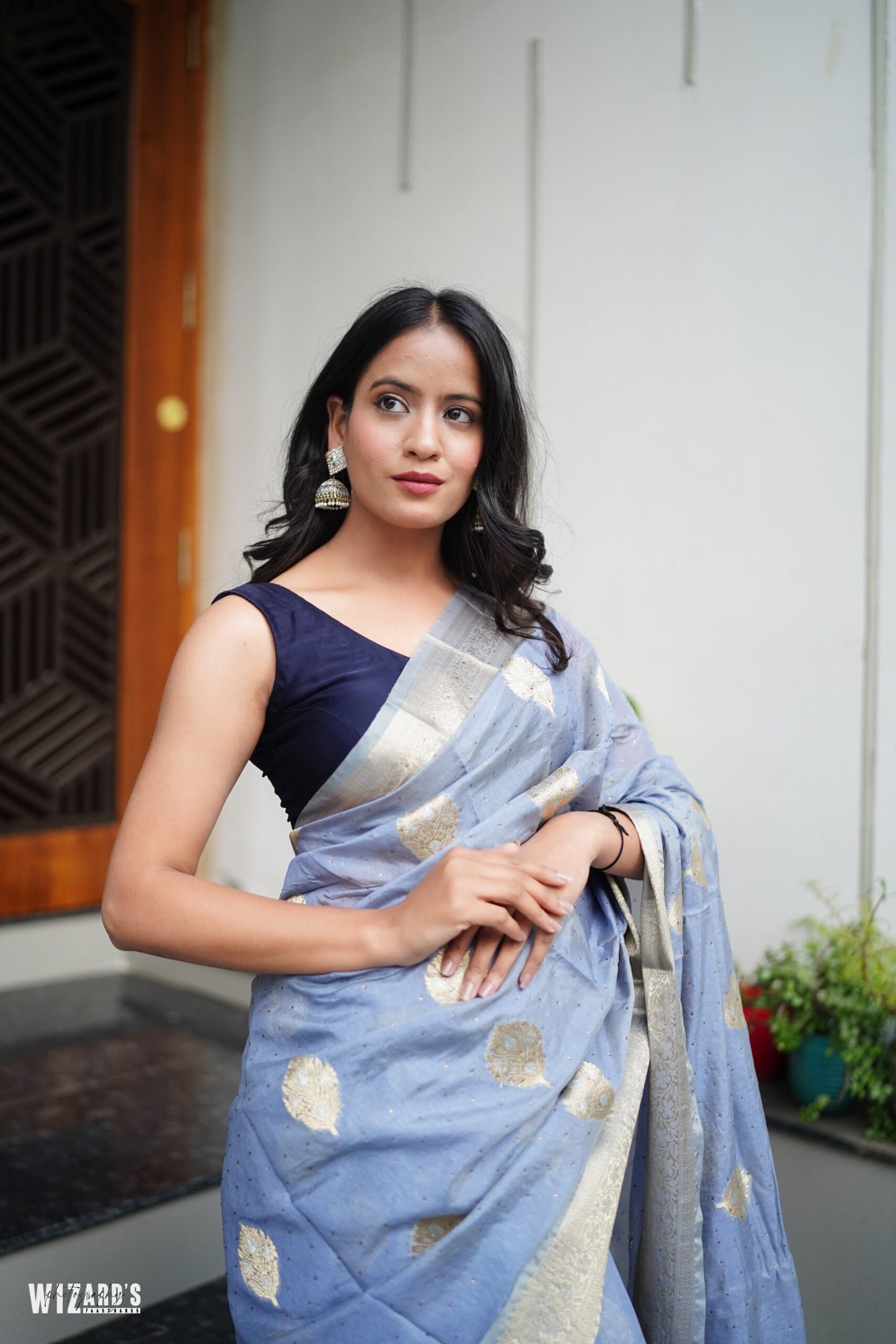 Greyish Blue Organza Saree With Zari and Stone Work