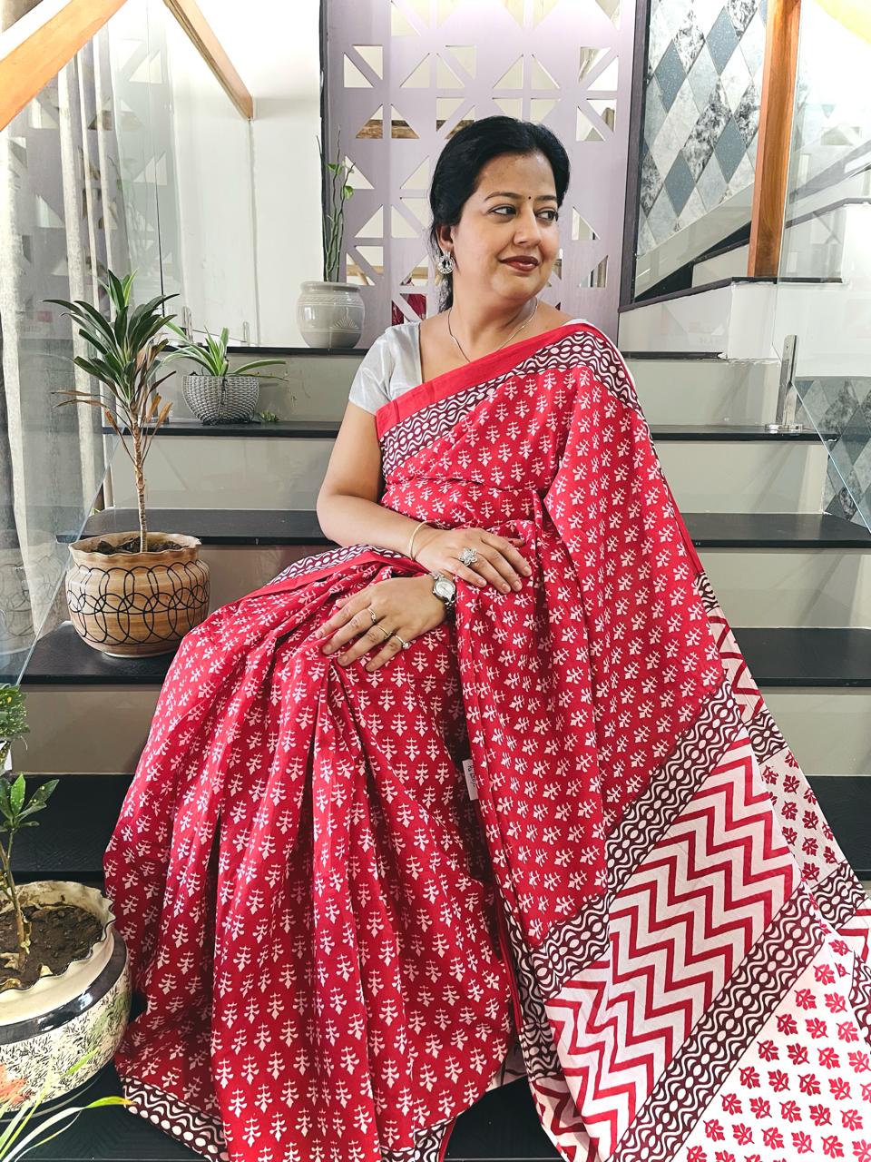 Bagru Print Peachy Pink Mulmul Cotton Saree