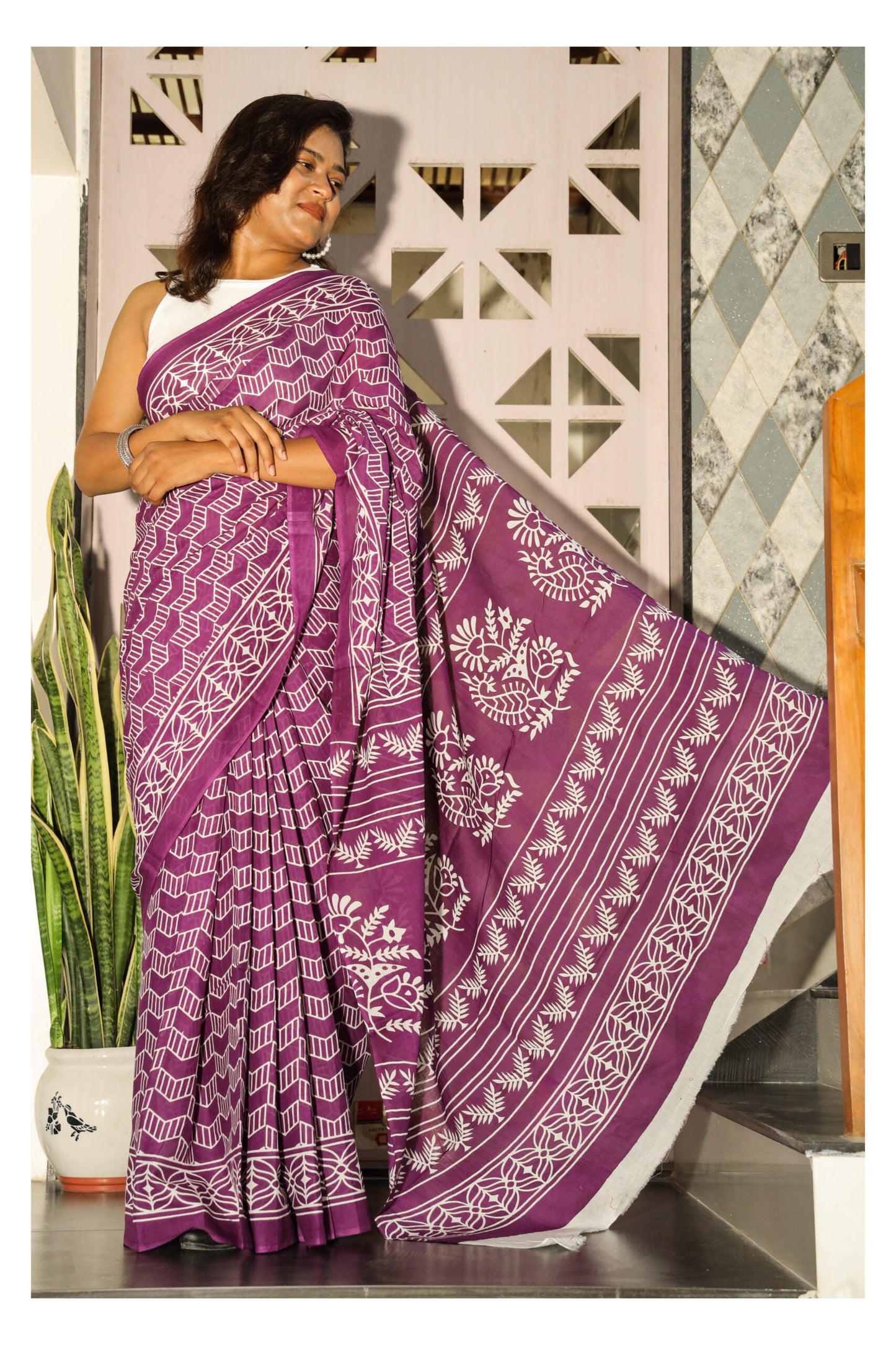 Purple Mulmul Cotton Saree