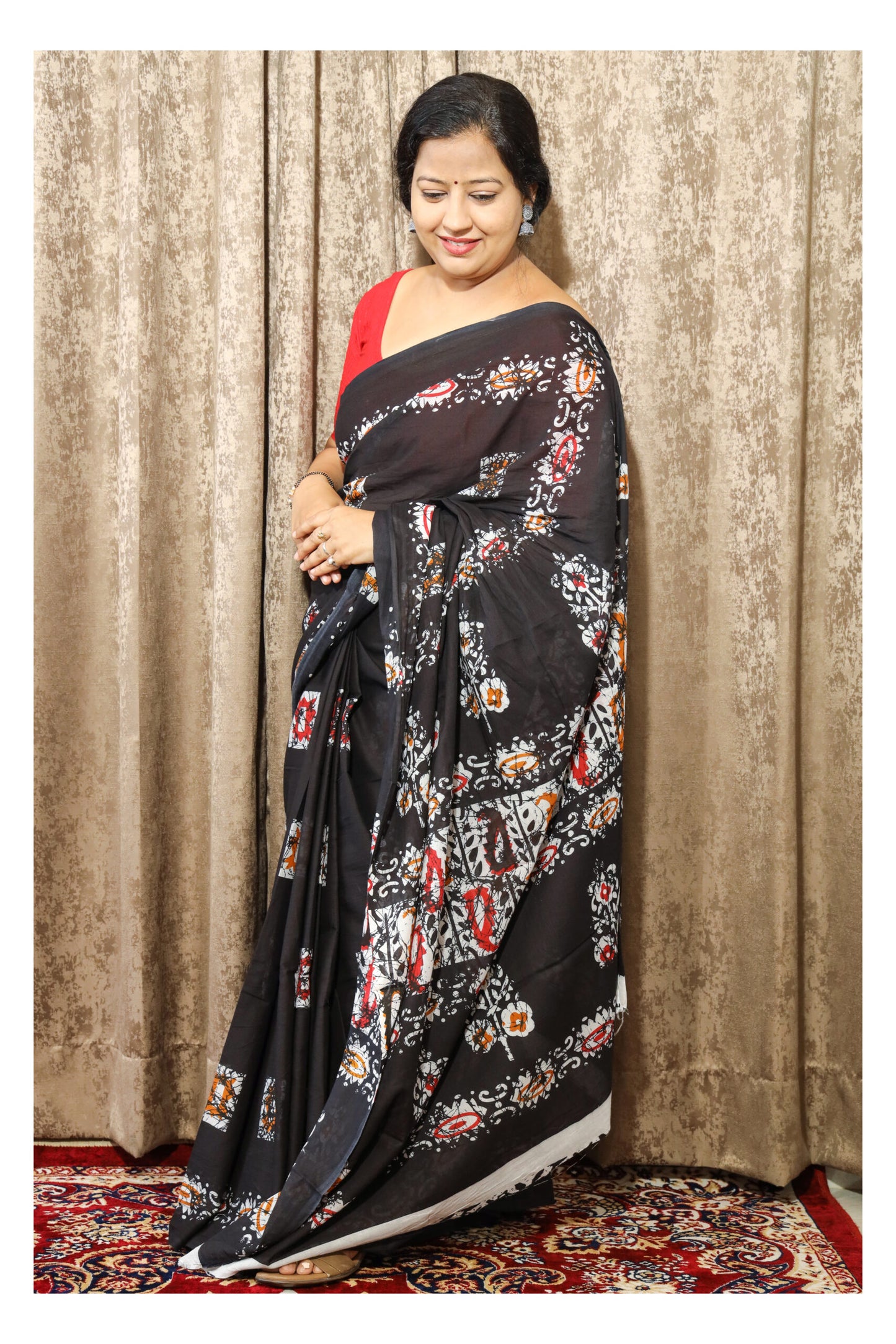 Batik Print Black Mulmul Cotton Saree
