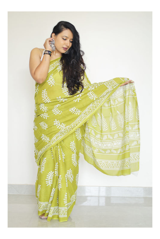Light Green Mulmul Cotton Saree