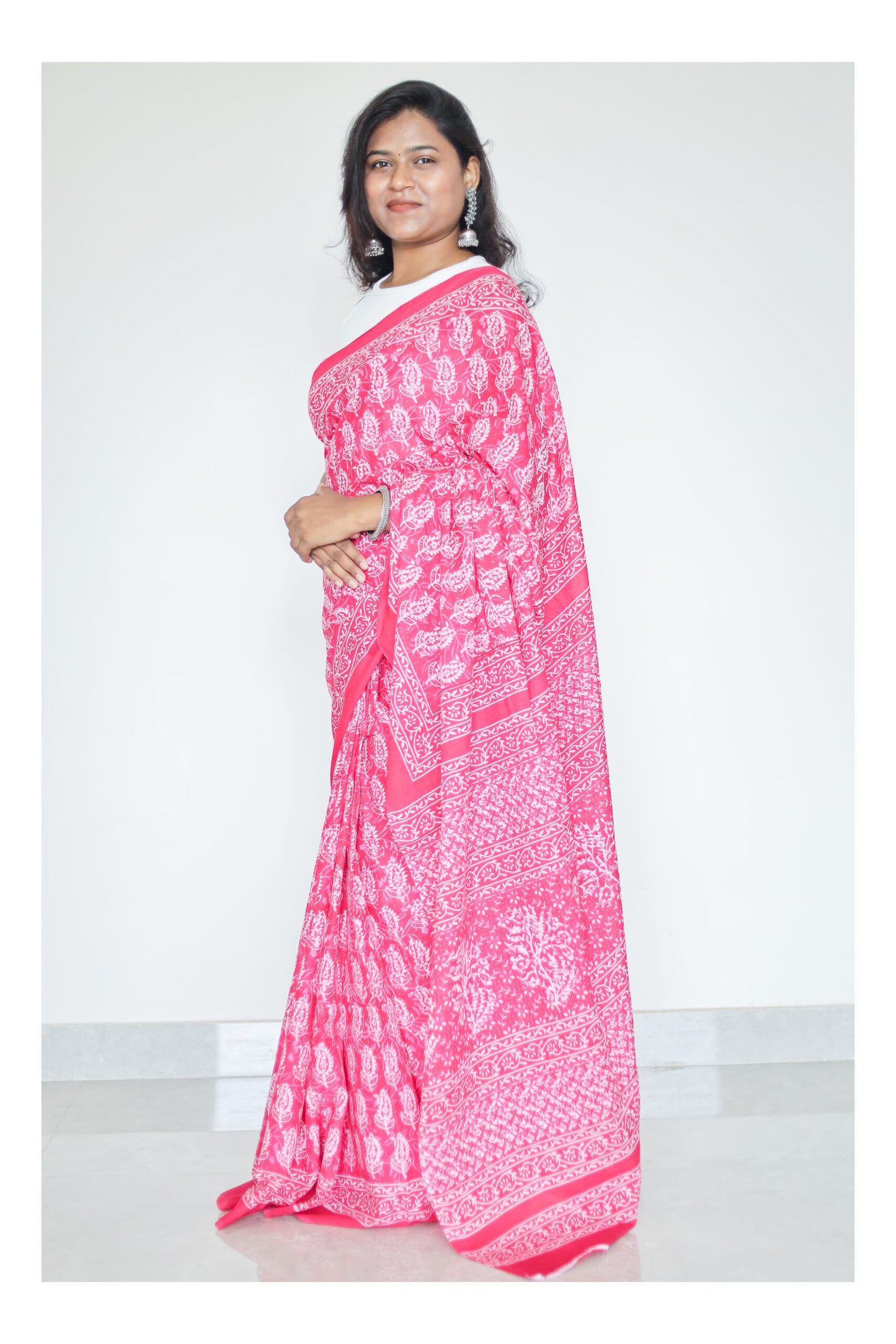 Bagru Print Pink Mulmul Cotton Saree
