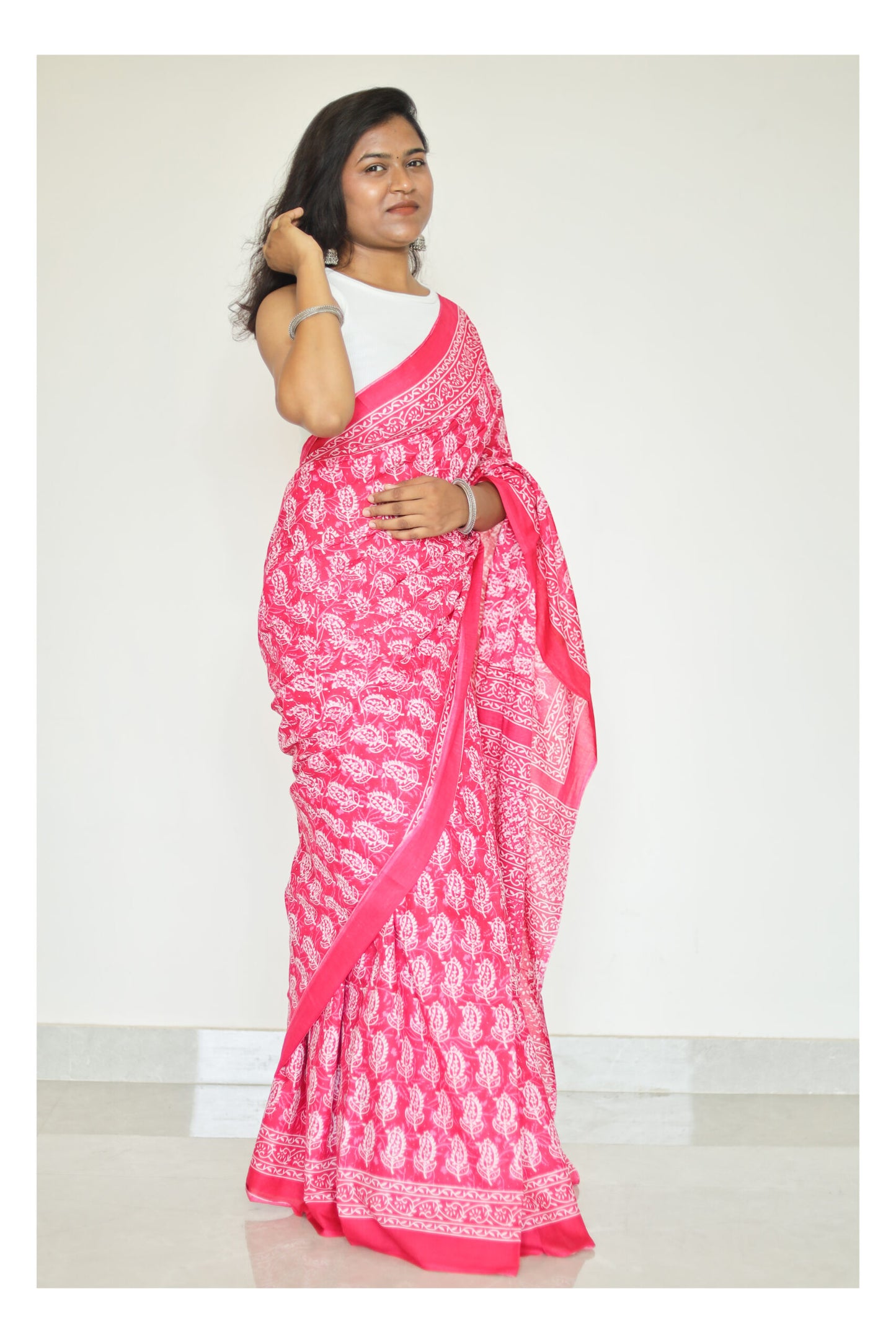 Bagru Print Pink Mulmul Cotton Saree