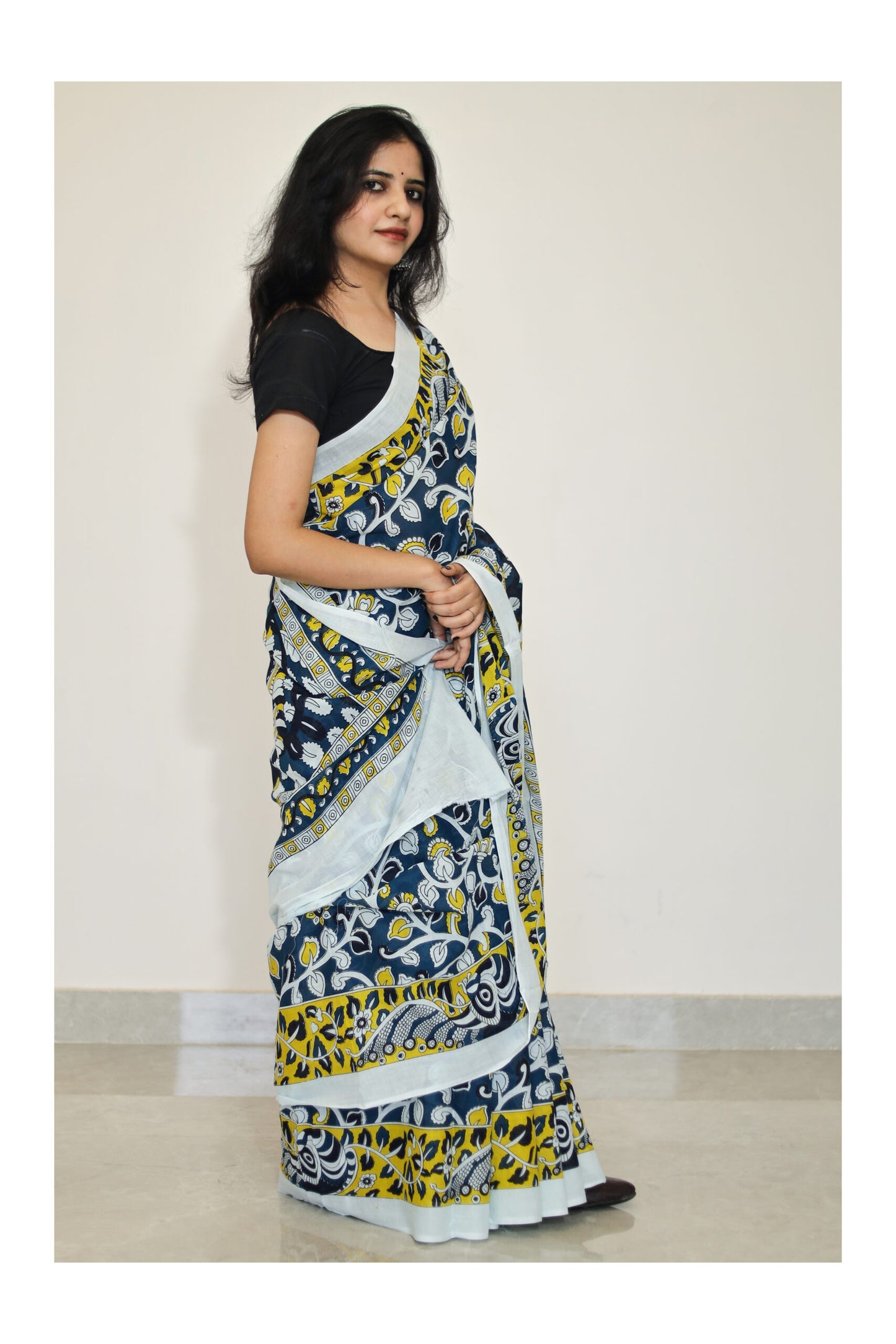Bagru Print Teal Blue Mulmul Cotton Saree
