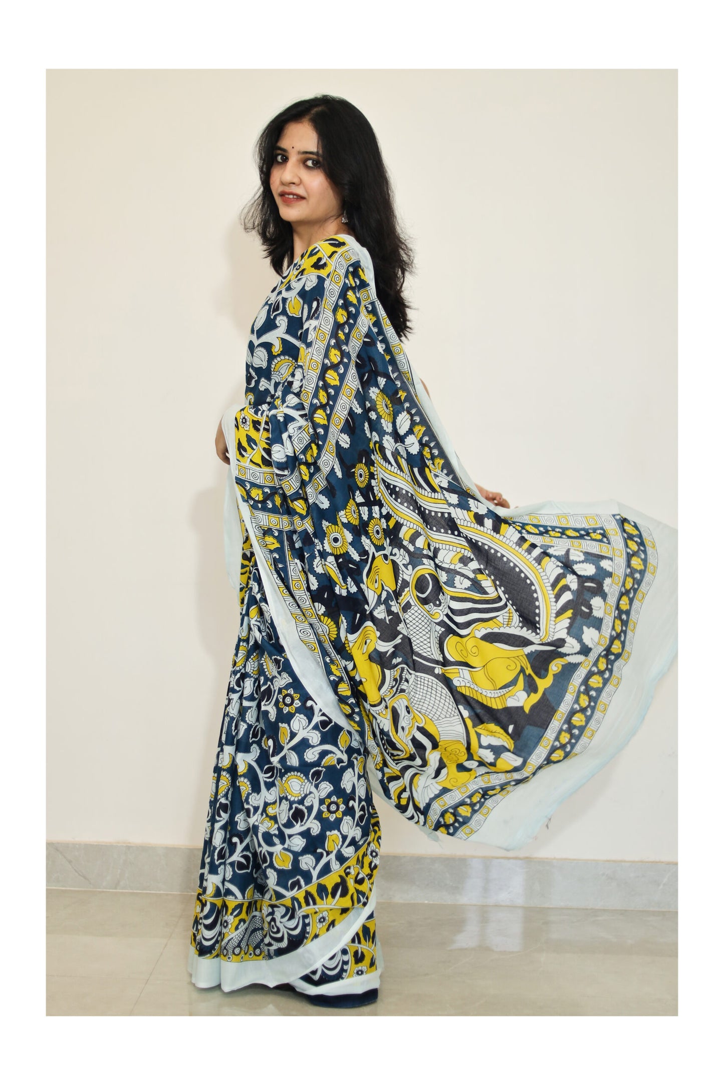 Bagru Print Teal Blue Mulmul Cotton Saree