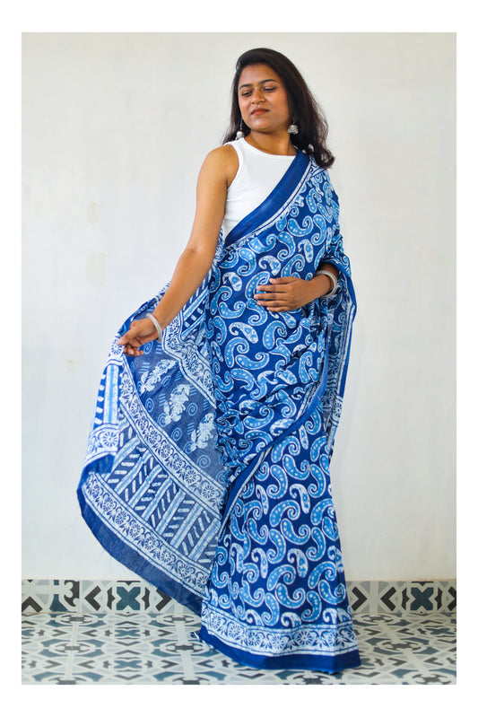 Blue Mulmul Cotton Saree