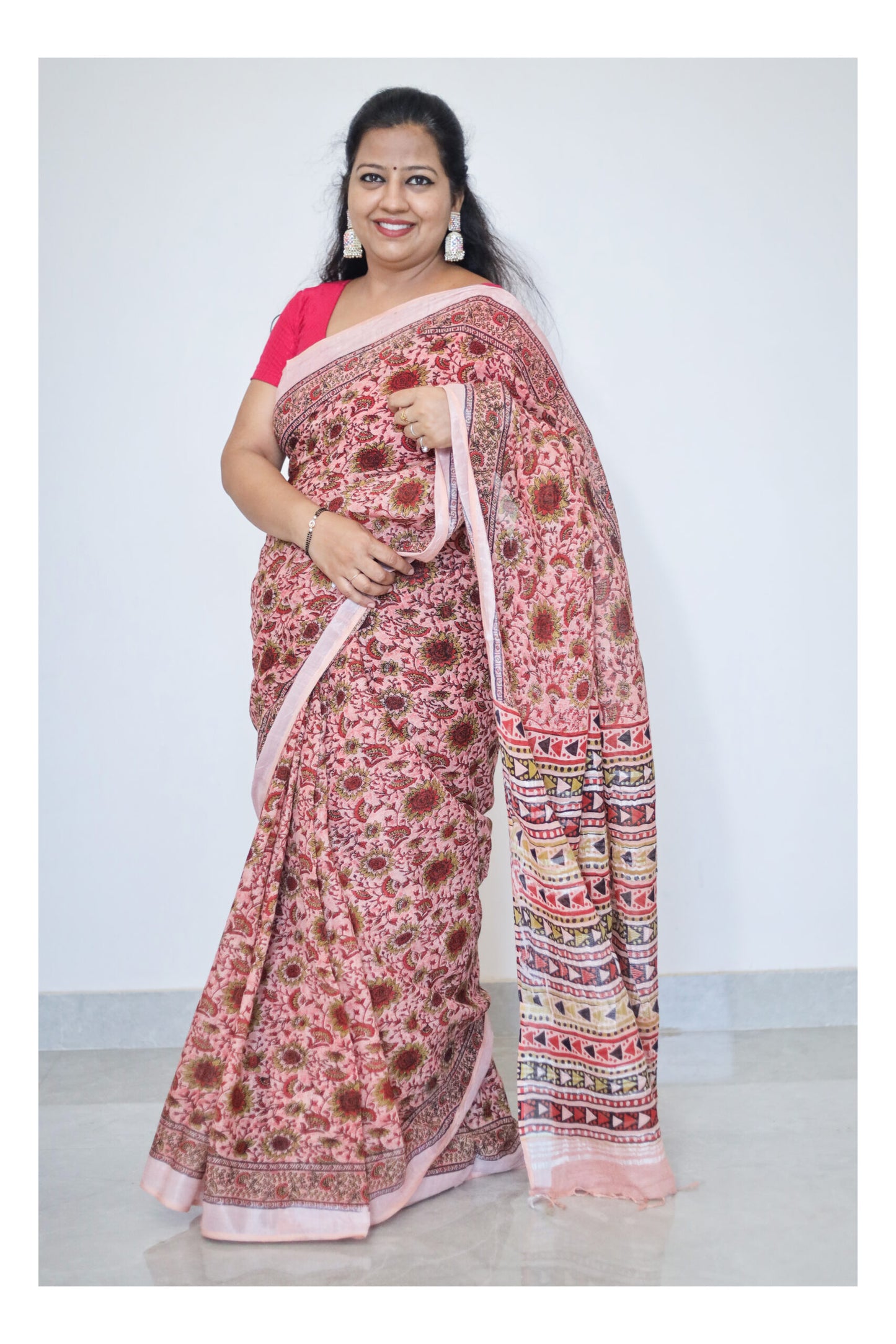 Peach Pink Cotton Linen Saree